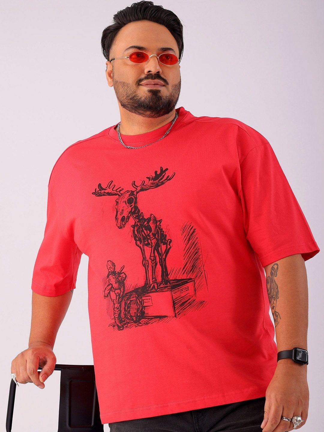 

Hardsoda by The Indian Garage Co Men Plus Size Graphic Printed Round Neck Cotton Relaxed Fit T-Shirt, Pink