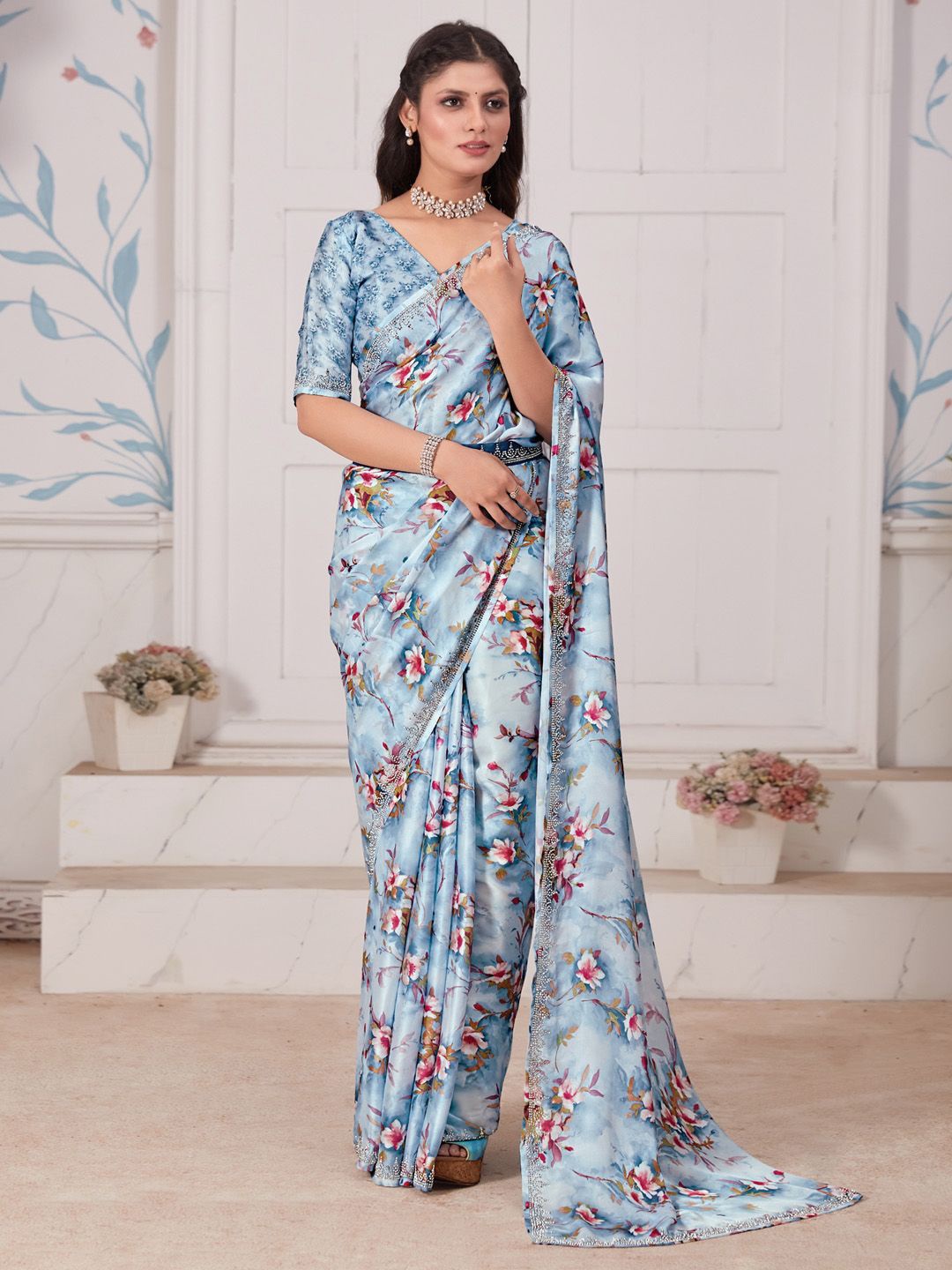 

Anouk Floral Printed Beads and Stones Satin Belted Saree, Blue