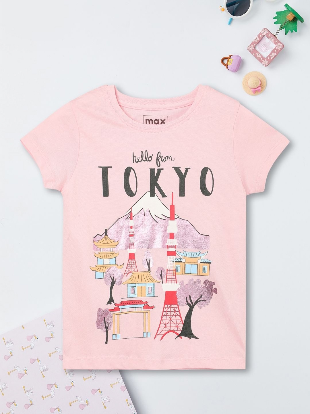 

max Girls Graphic Printed Round Neck Cotton T-shirt, Pink