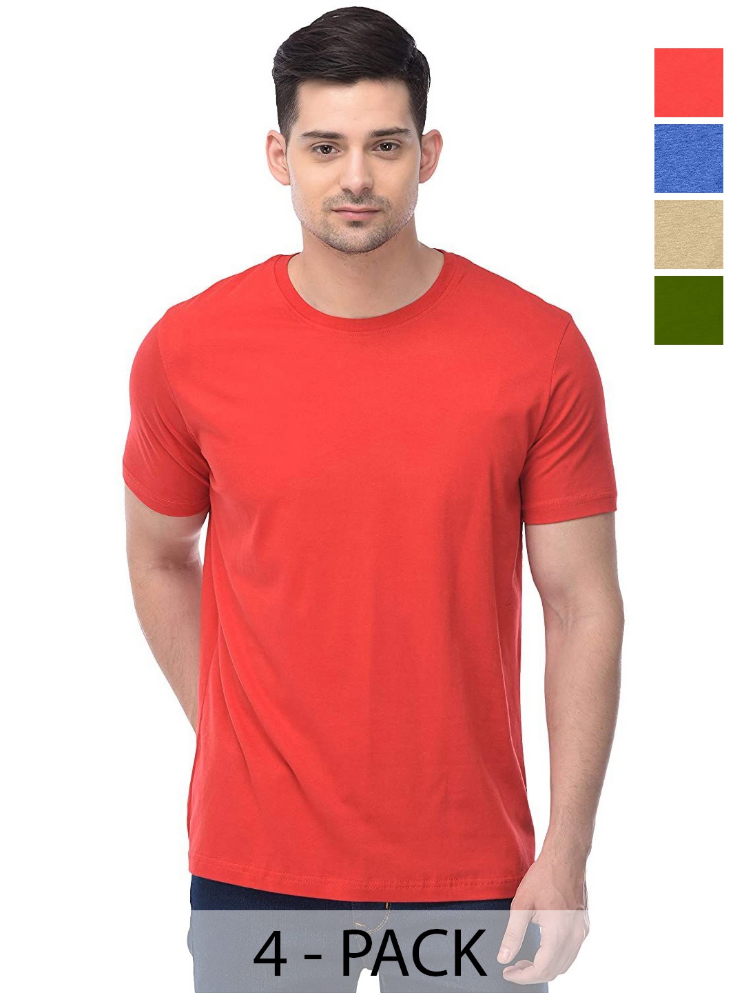 

COLOR CAPITAL Unisex Pack Of 4 Solid Round Neck Cotton T-shirts, Red