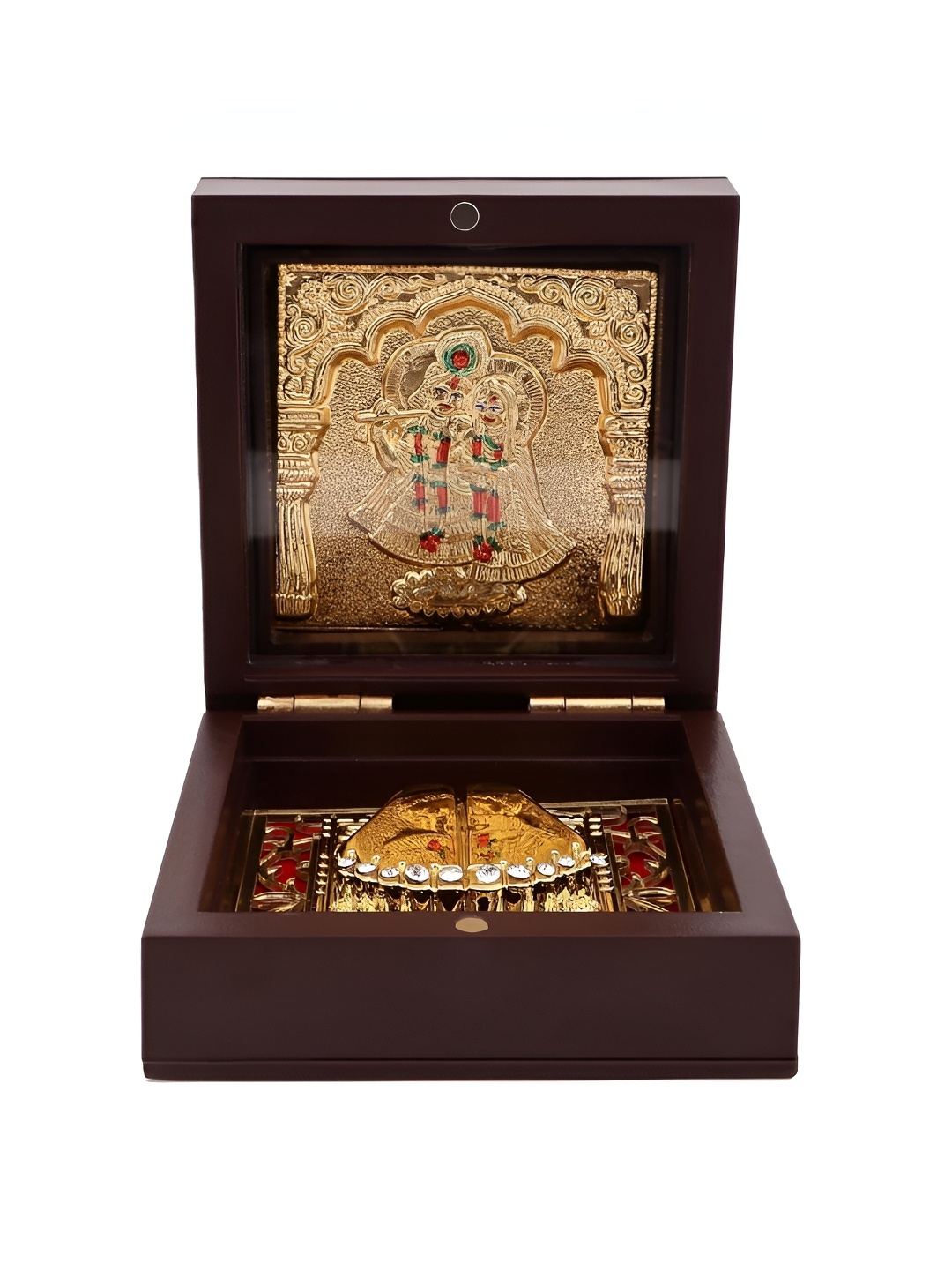 

INTERNATIONAL GIFT Gold Toned & Brown Metal Devotional Radha Krishna Charan Paduka Box