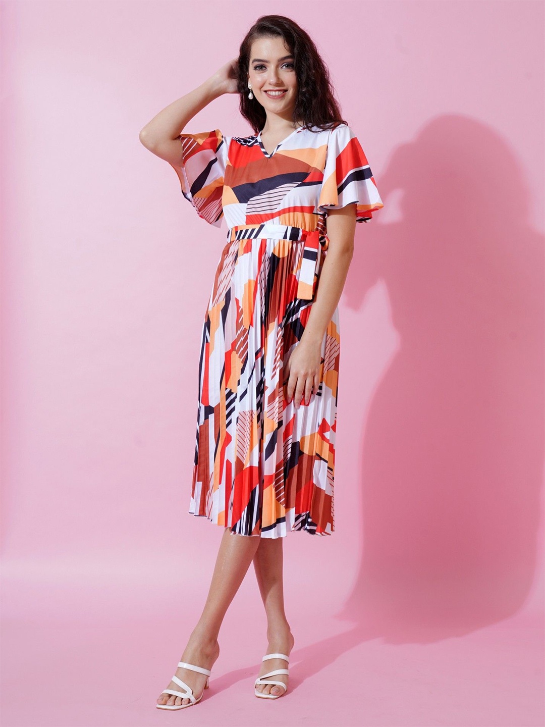 

Femvy women V-Neck Bell Sleeve Abstract print A-Line Dress, Yellow