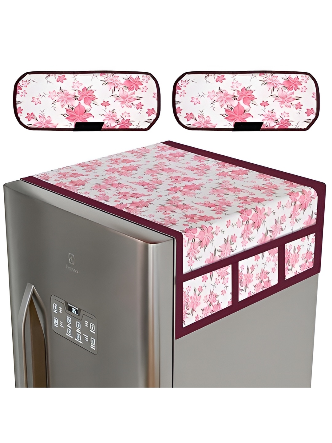 

LooMantha 3 Pcs Pink & White Printed Fridge Top Cover With Handles