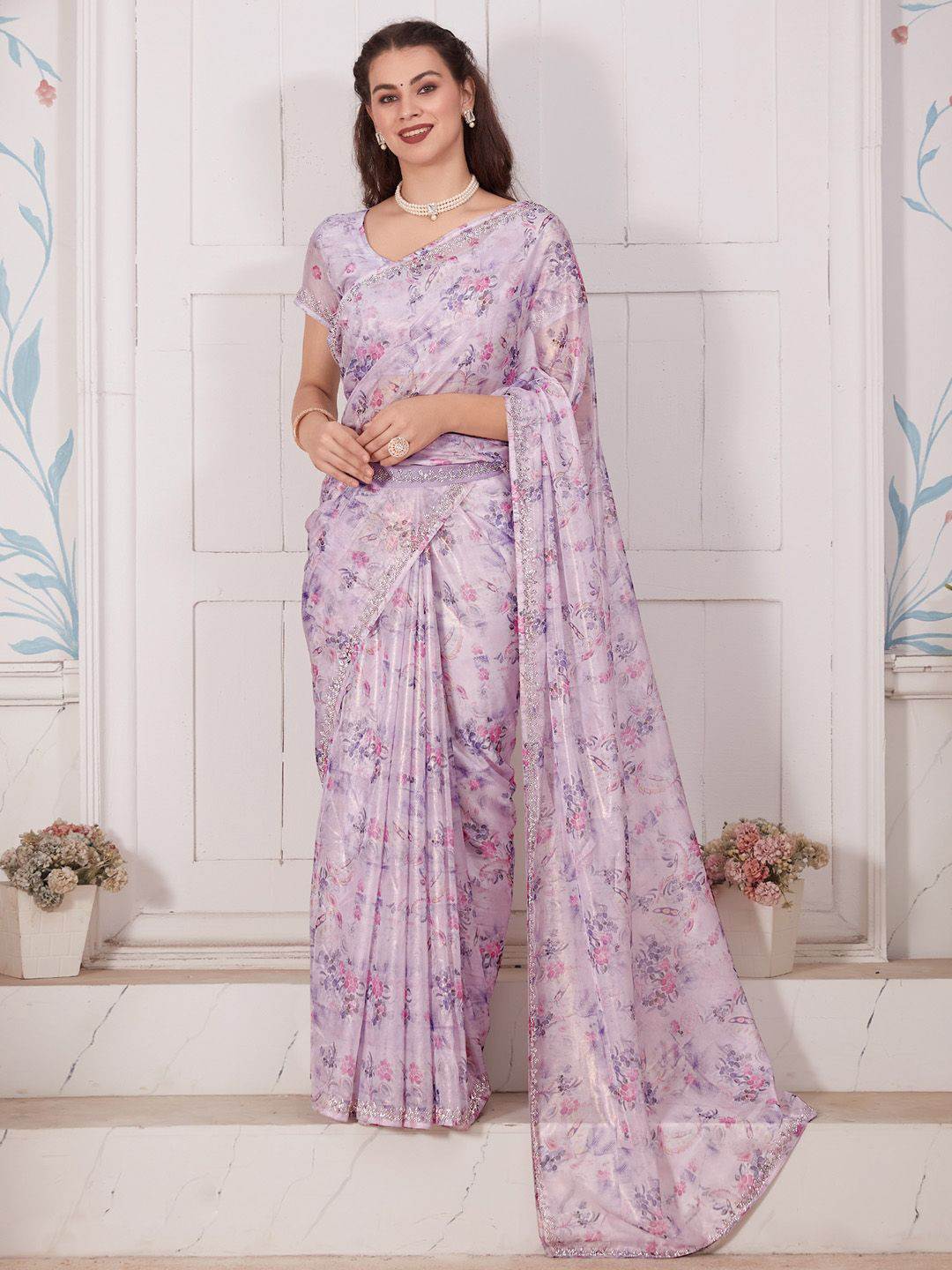 

Anouk Women Floral Printed Beads and Stones Saree, Lavender