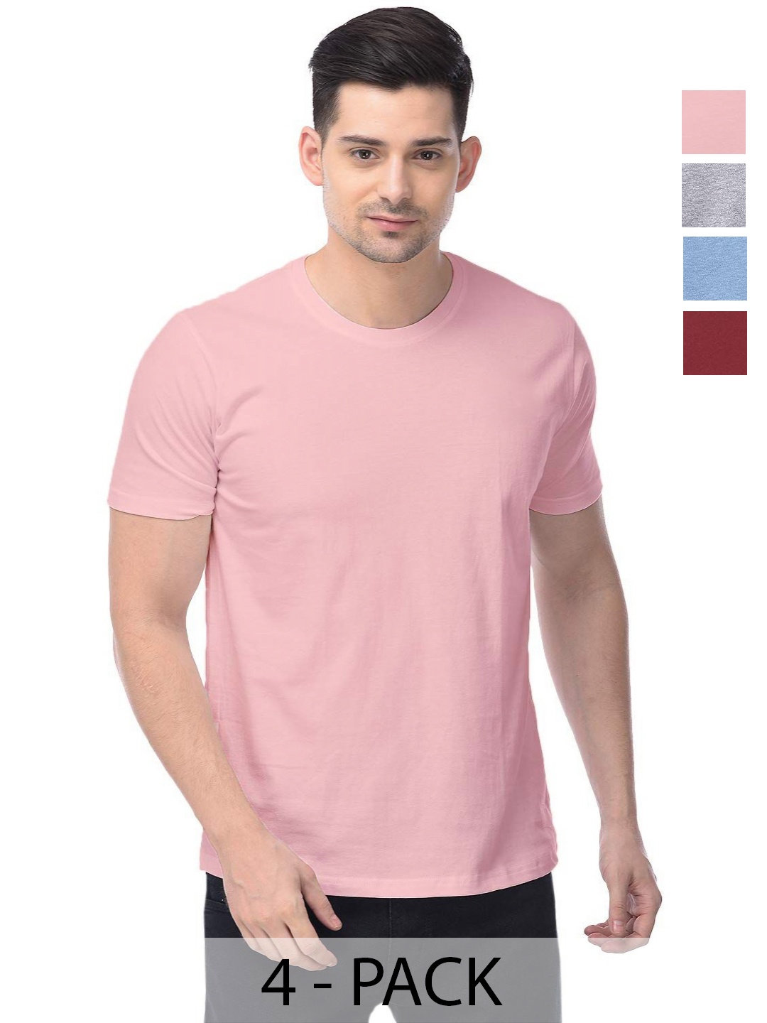 

COLOR CAPITAL Unisex Pack Of 4 Solid Round Neck Cotton T-shirts, Pink