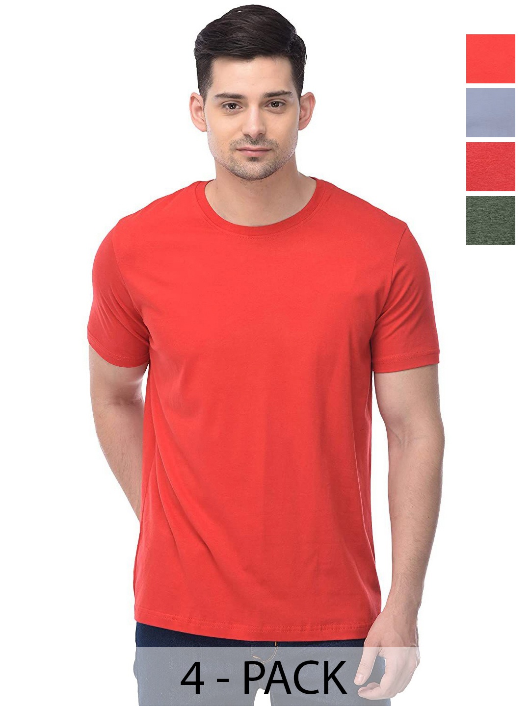 

COLOR CAPITAL Unisex Pack Of 4 Solid Round Neck Cotton T-shirts, Red