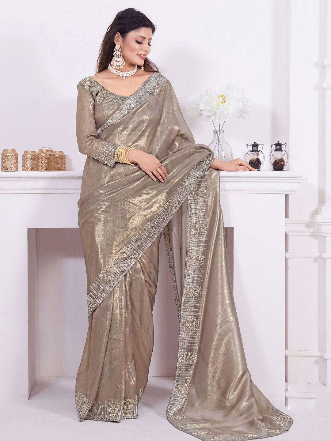 

Anouk Beads and Stones embellished solid Saree with blouse piece, Bronze