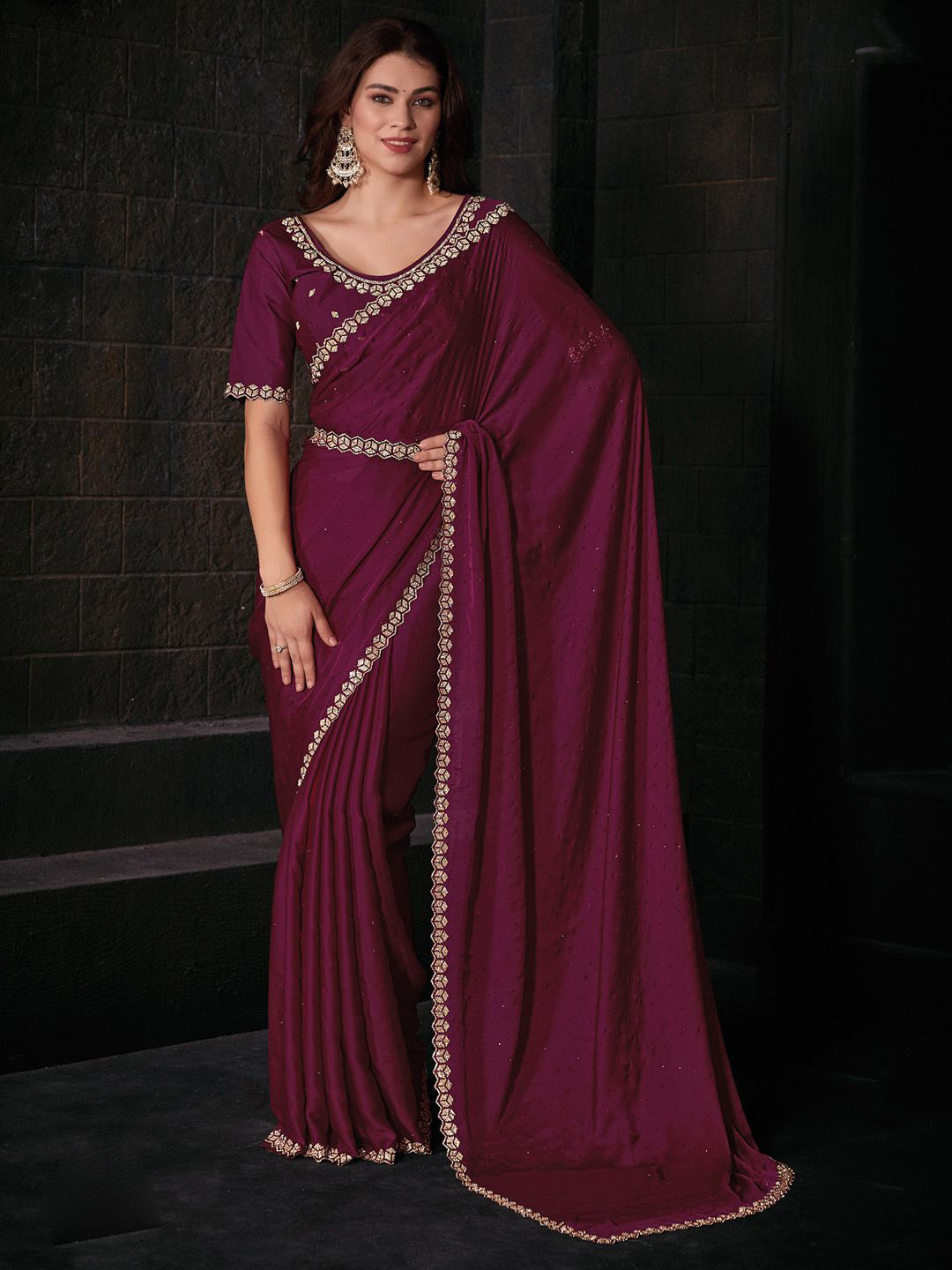 

Anouk Beads and Stones Satin Saree, Pink