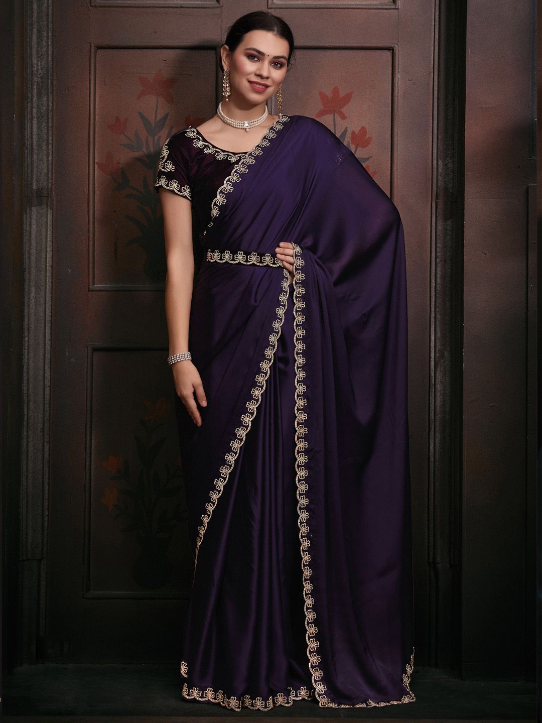 

Anouk Beads and Stones Satin Belted Embellished Party Wear Saree with Matching Blouse, Purple