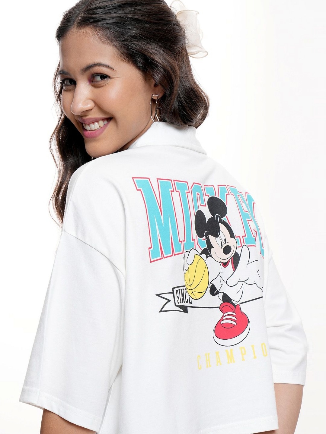 

Tokyo Talkies Disney Women Mickey Mouse Graphic Printed Polo Boxy Cotton T-Shirt, White