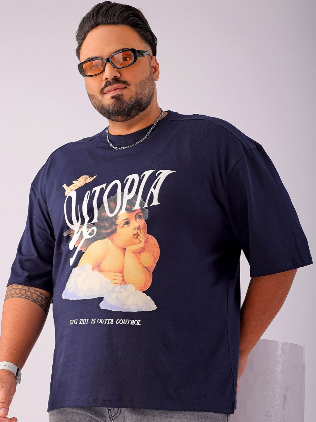 

Hardsoda by The Indian Garage Co Men Plus Size Graphic Printed Round Neck Cotton Relaxed Fit T-shirt, Navy blue