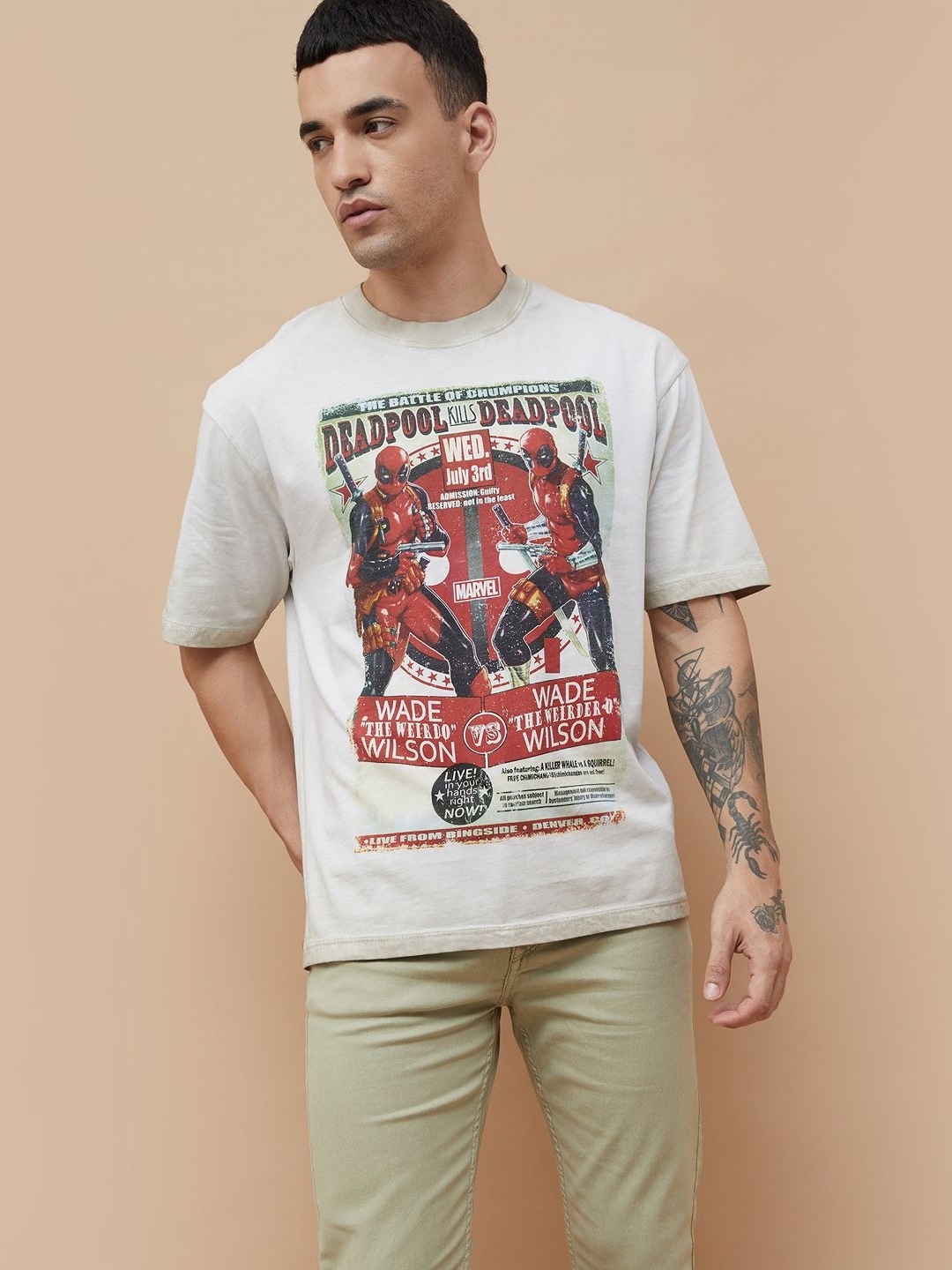 

Fame Forever by Lifestyle Men Graphic Deadpool Printed Round Neck Cotton Oversized T-shirt, Beige