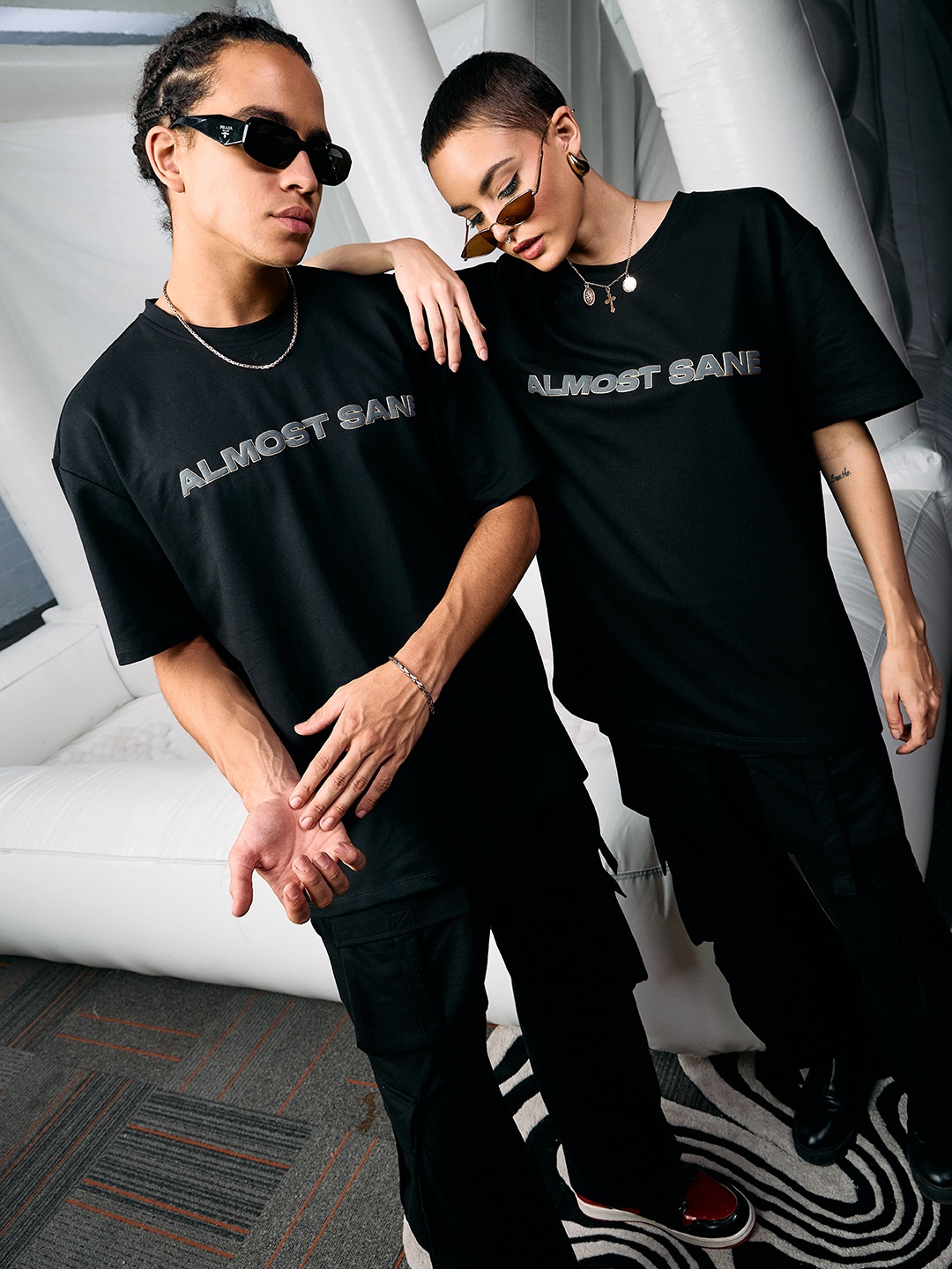 

ALMOST SANE Women Graphic Printed Round Neck Cotton Oversized T-shirts, Black