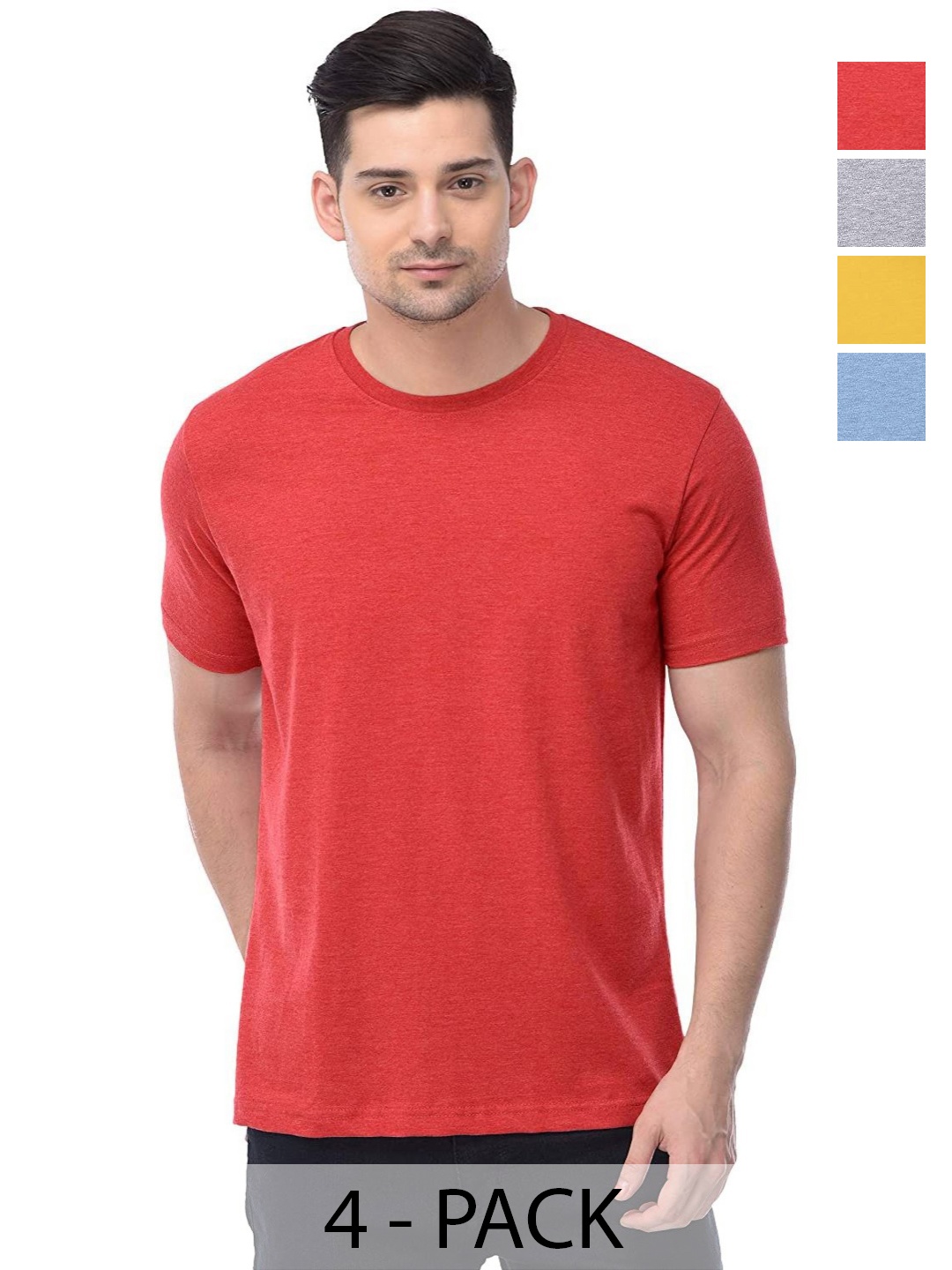 

COLOR CAPITAL Unisex Pack Of 4 Solid Round Neck Cotton T-shirts, Red