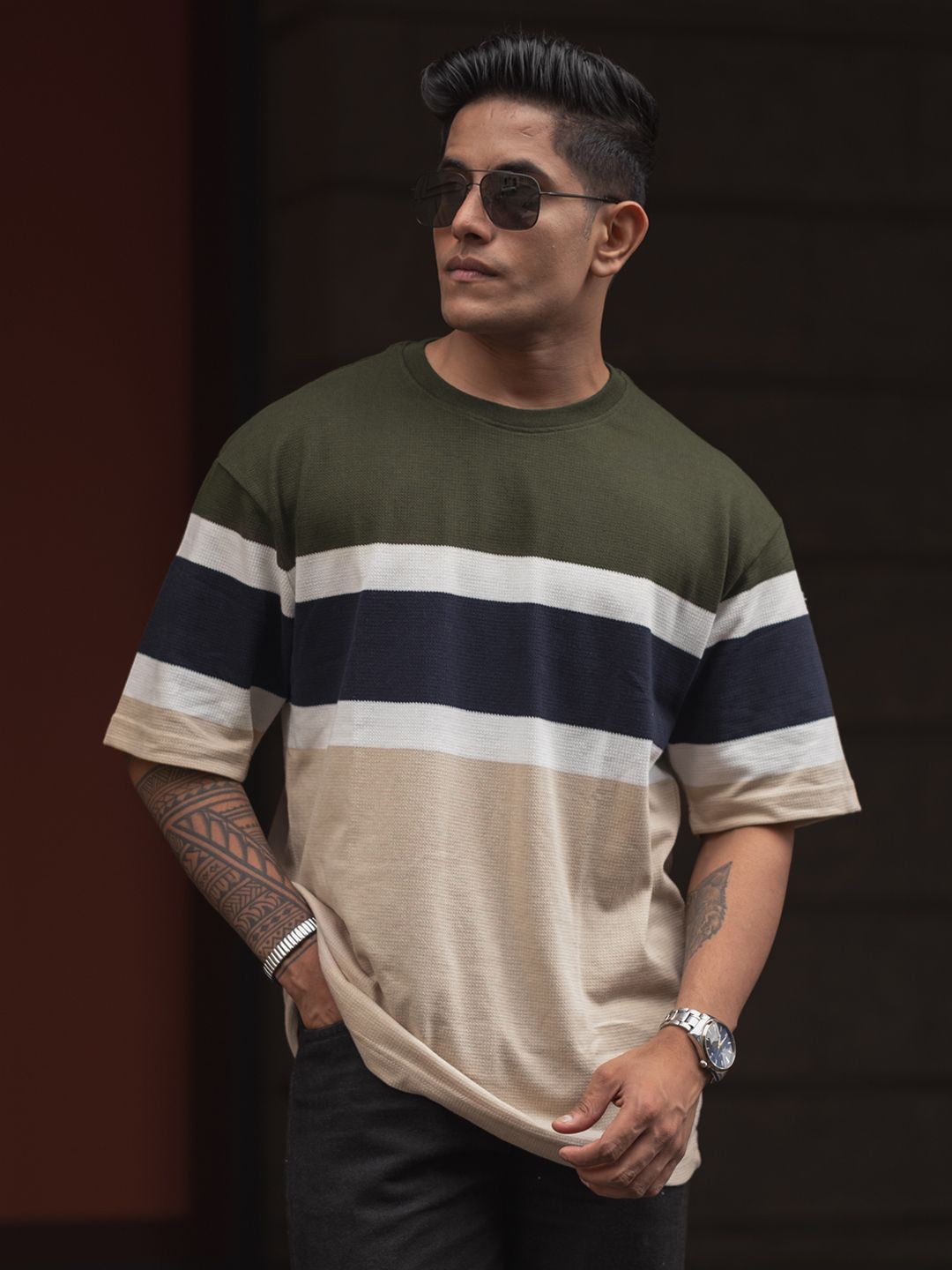 

Powerlook Men Colourblocked Round Neck Cotton Oversized T-shirt, Multi