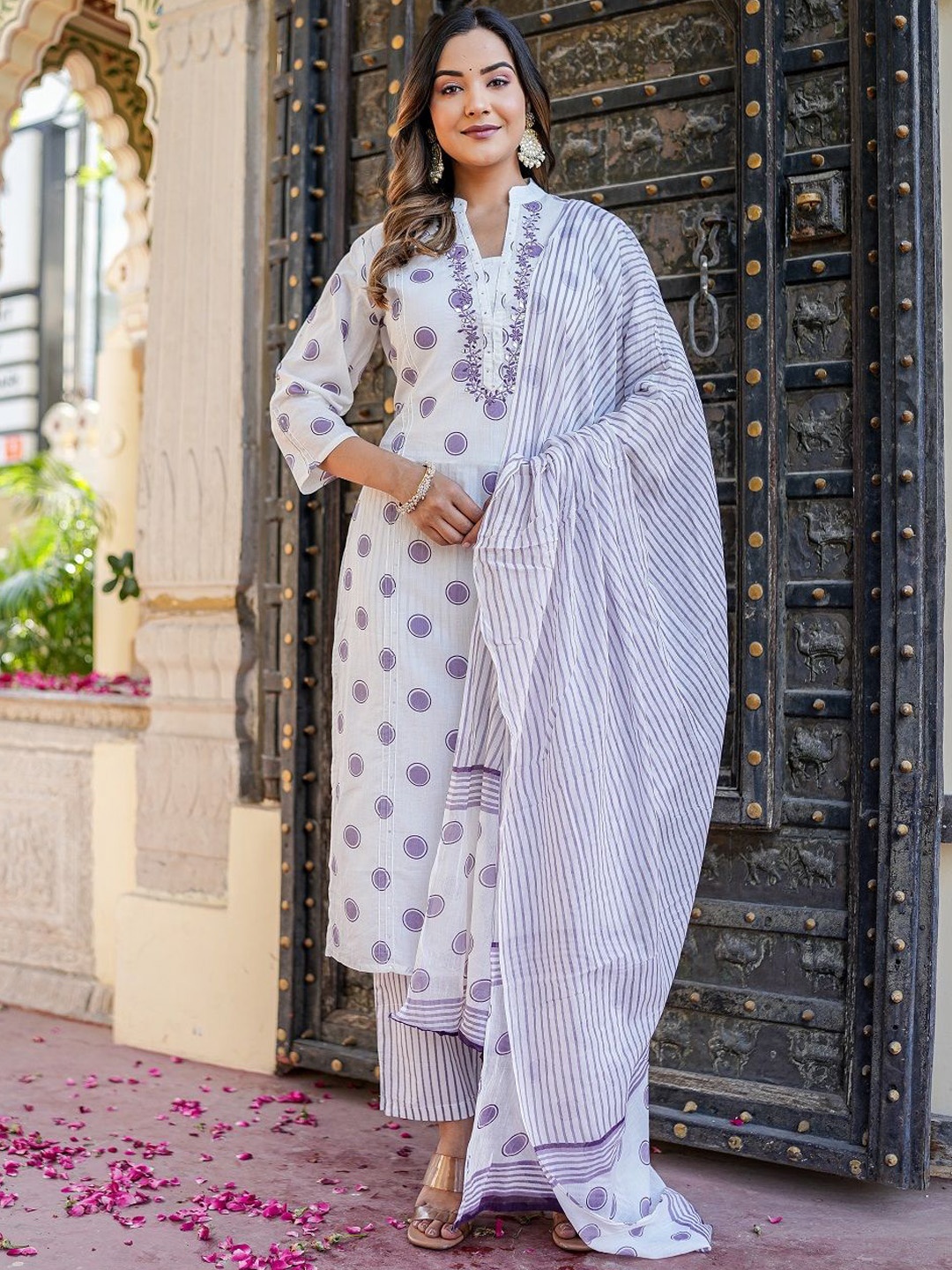 

Benaaz Polka Dots Printed Straight Mirror Work Pure Cotton Kurta with Trousers & Dupatta, White