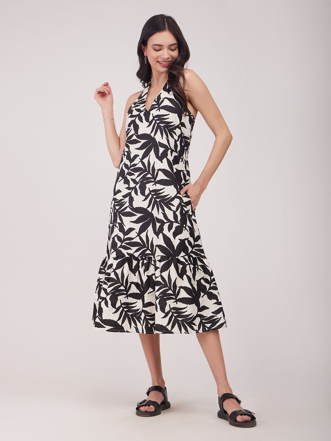 

FableStreet Floral Printed Halter Neck Linen A-Line Midi Dress, Black