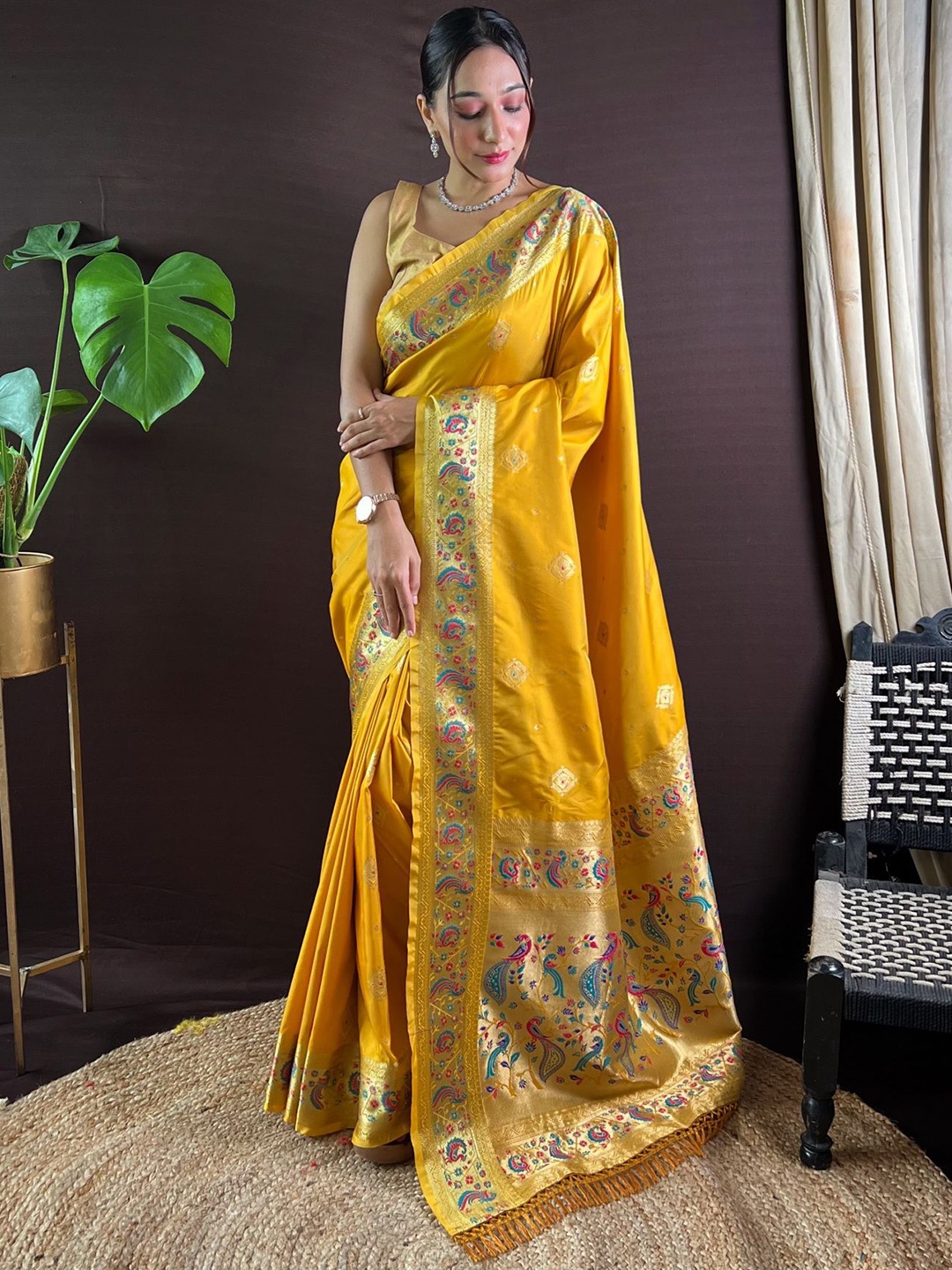 

Ekta Textiles Ethnic Motifs Zari Paithani Saree, Mustard