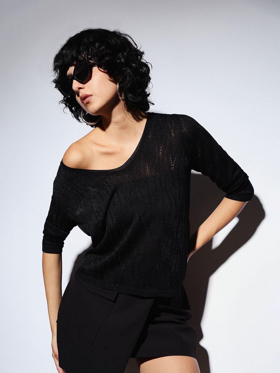 

ONLY Women Shimmer Self Design Bling & Sparkly V-Neck Top, Black