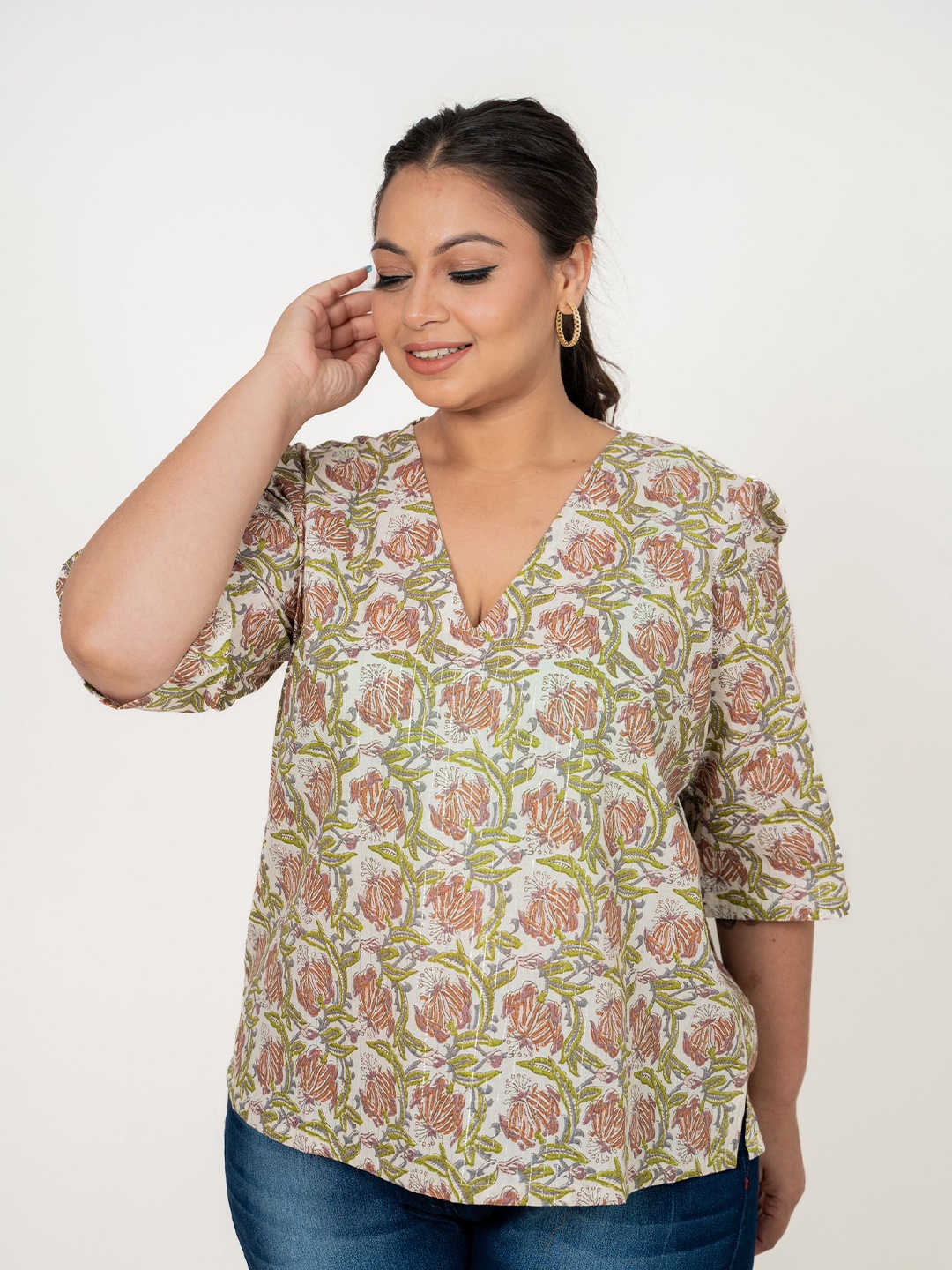 

GulaboJaipur Women Floral Printed V-Neck Cotton Top, White