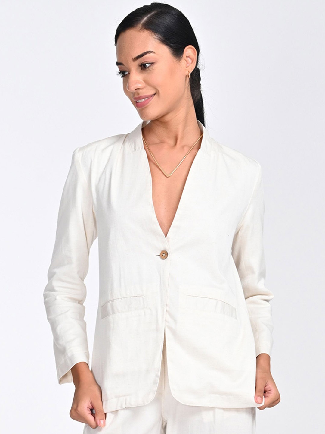 

Saltpetre Collarless Comfort Fit Single Breasted Blazer, Cream