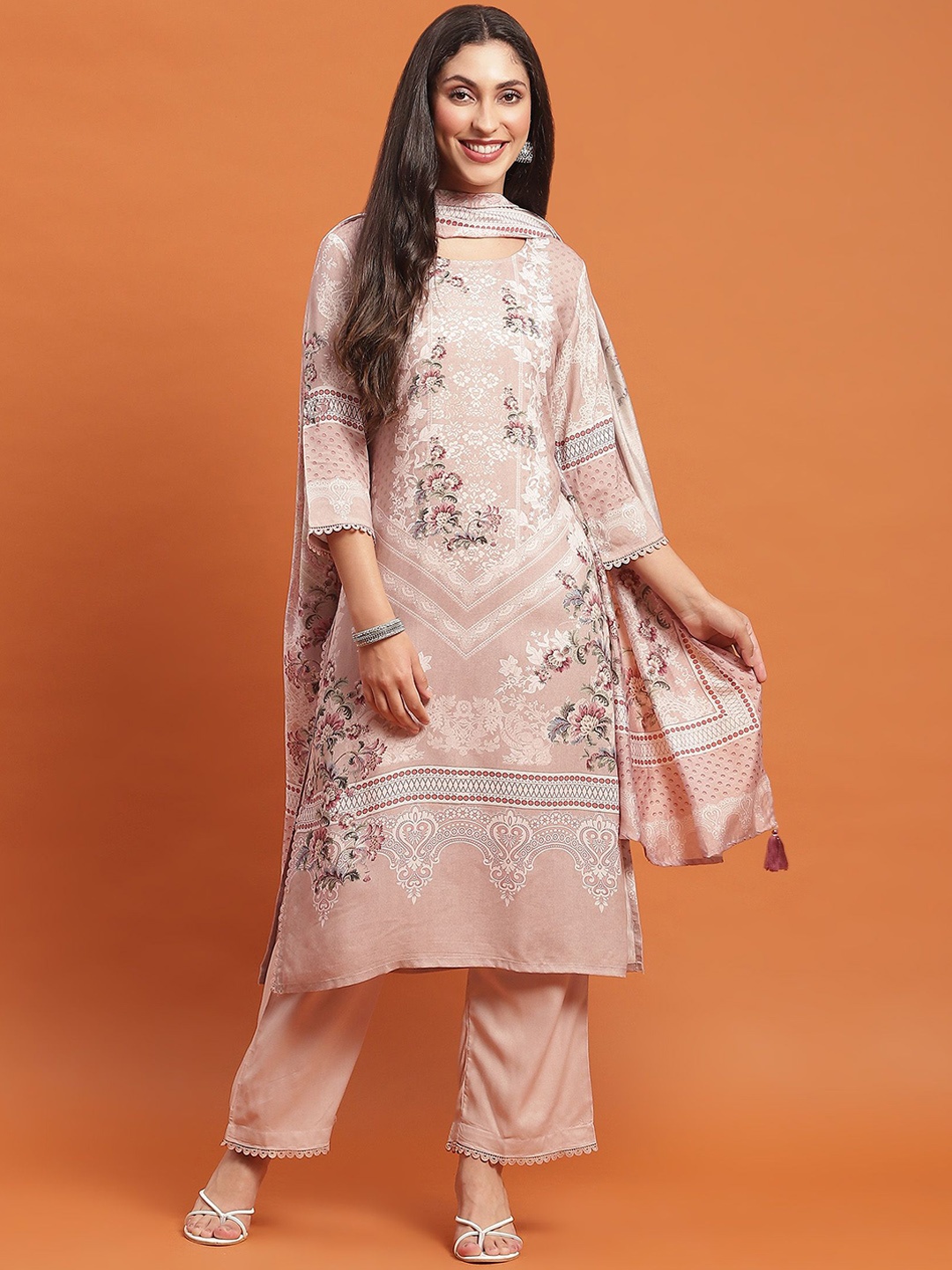 

Shree Floral Printed Round Neck Liva Straight Kurta With Trousers & Dupatta, Beige