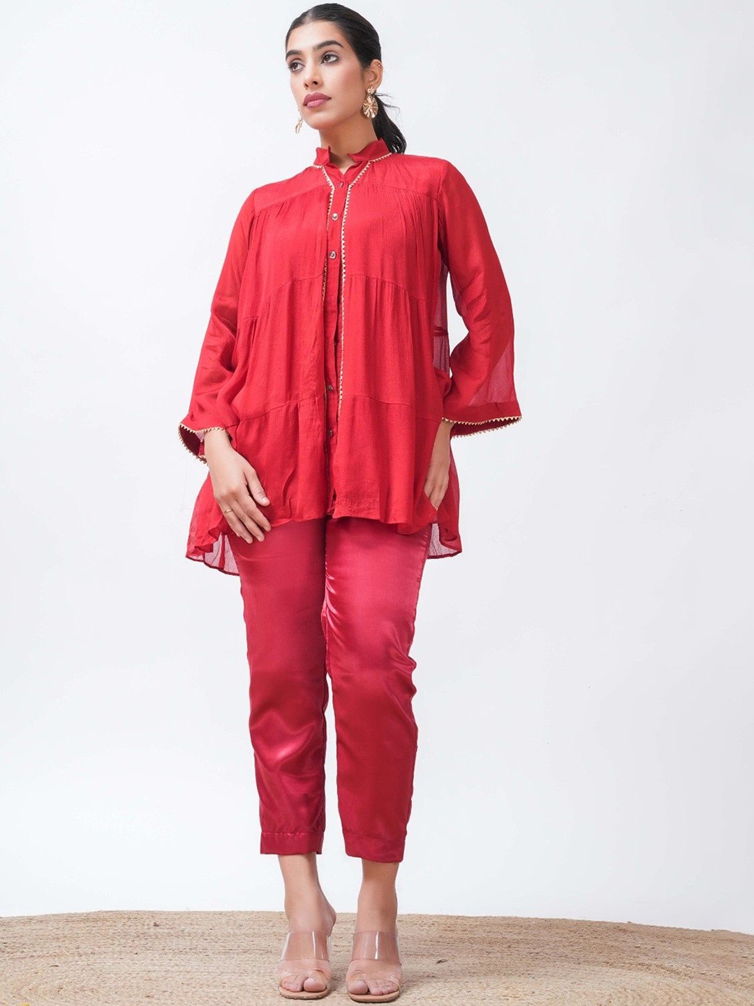 

Salvia Sky Mandarin Collar Gotta Patti Top With Trouser, Red