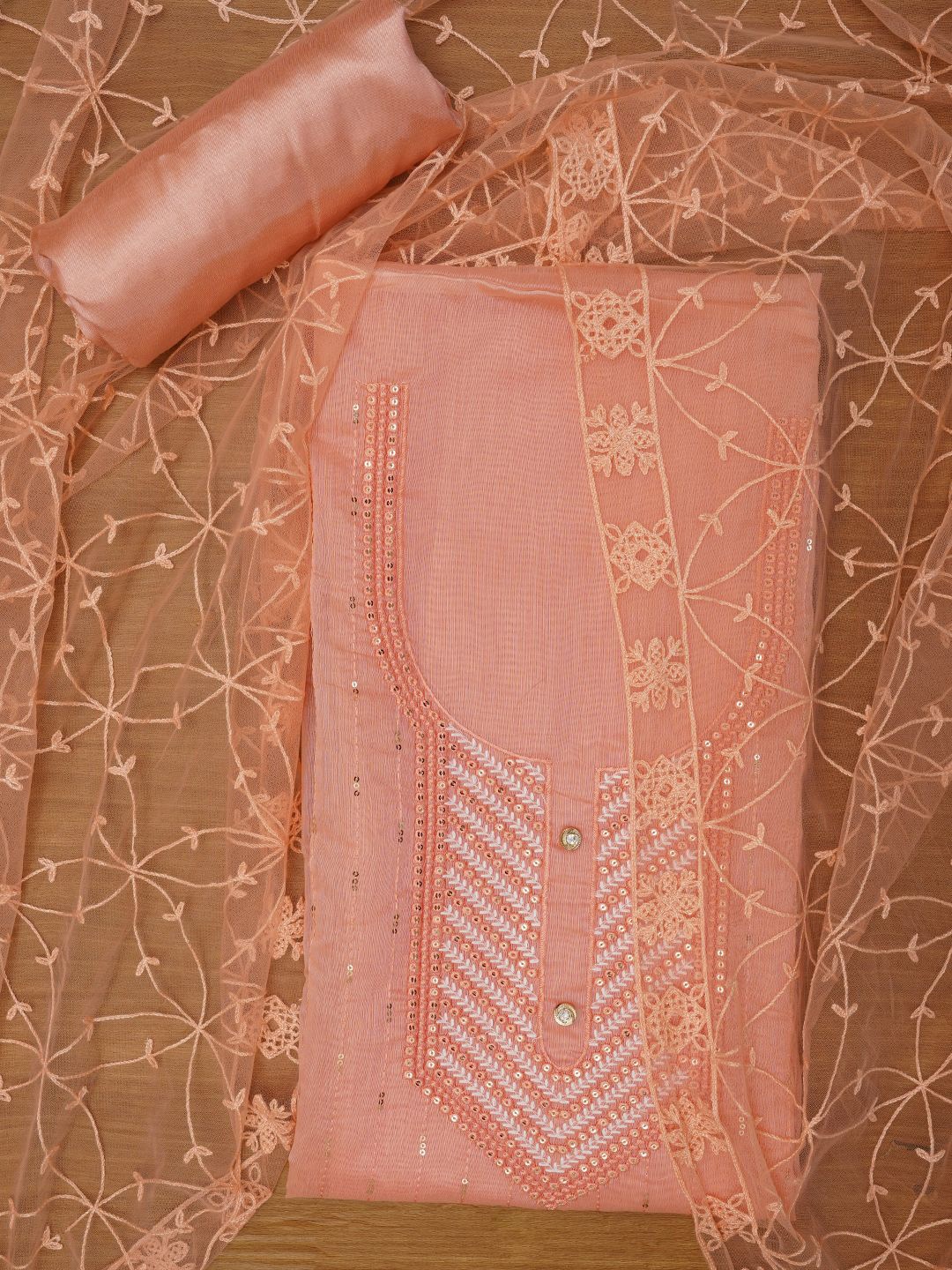 

Jaipur Kurti Unstitched Embroidered Cotton Blend Dress Material With Dupatta, Peach