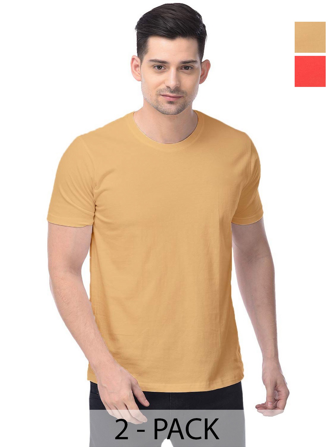 

COLOR CAPITAL Unisex Pack Of 2 Solid Round Neck Cotton T-shirts, Mustard