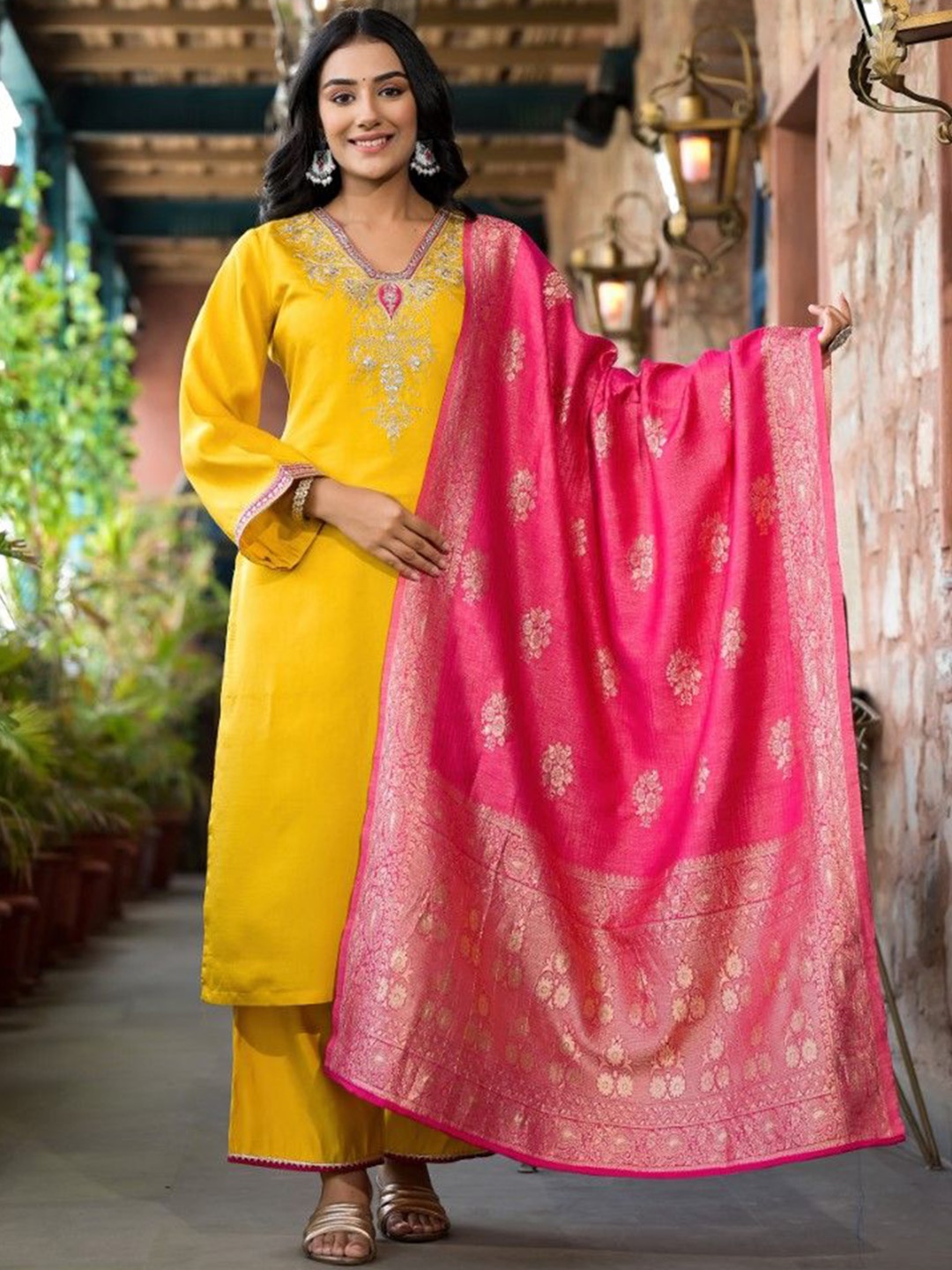 

Juniper Ethnic Motifs Yoke Design V-Neck Zari Straight Kurta With Trousers & Dupatta, Mustard