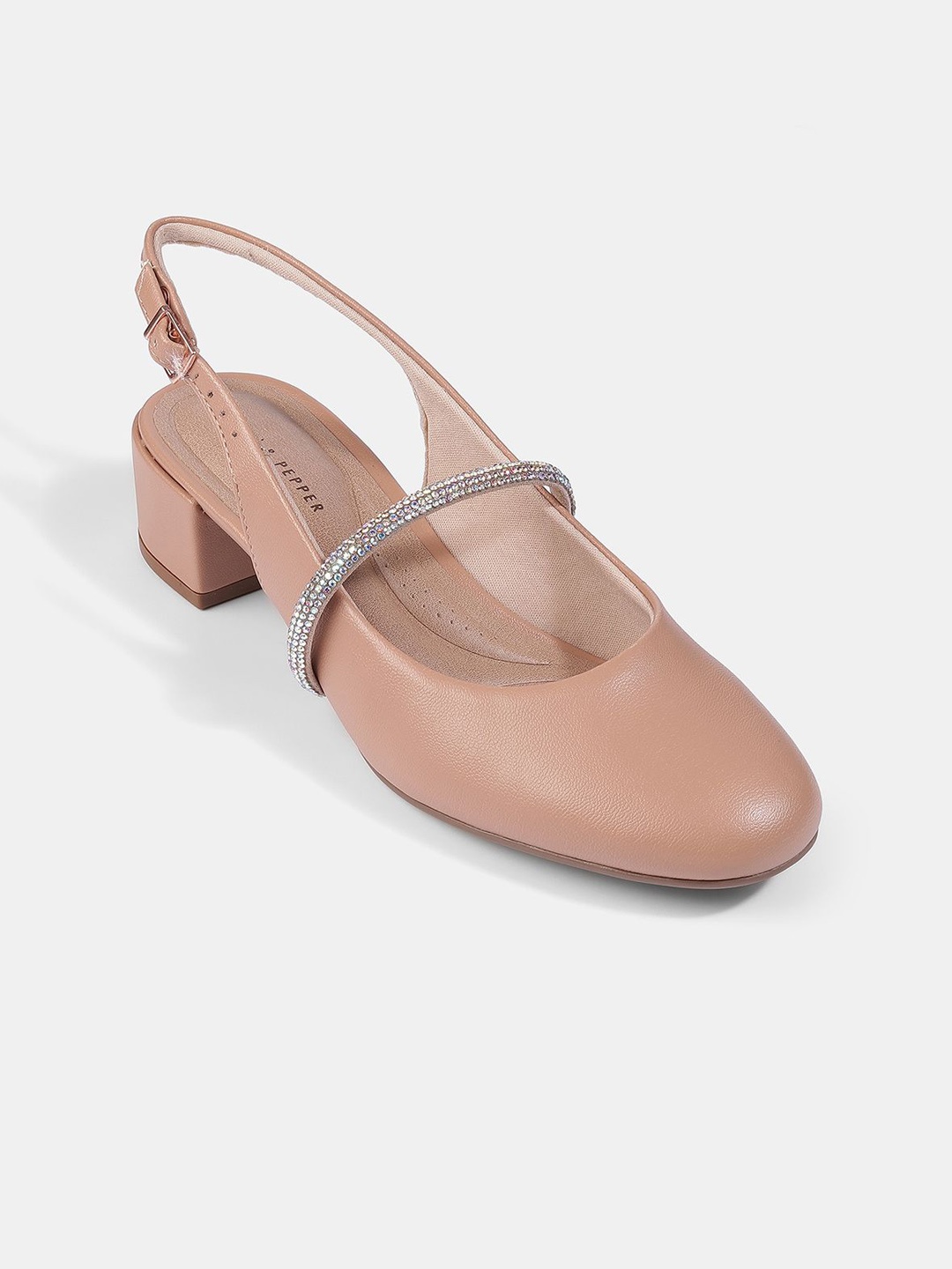 

LEMON & PEPPER Embellished Block Heel Mules, Nude