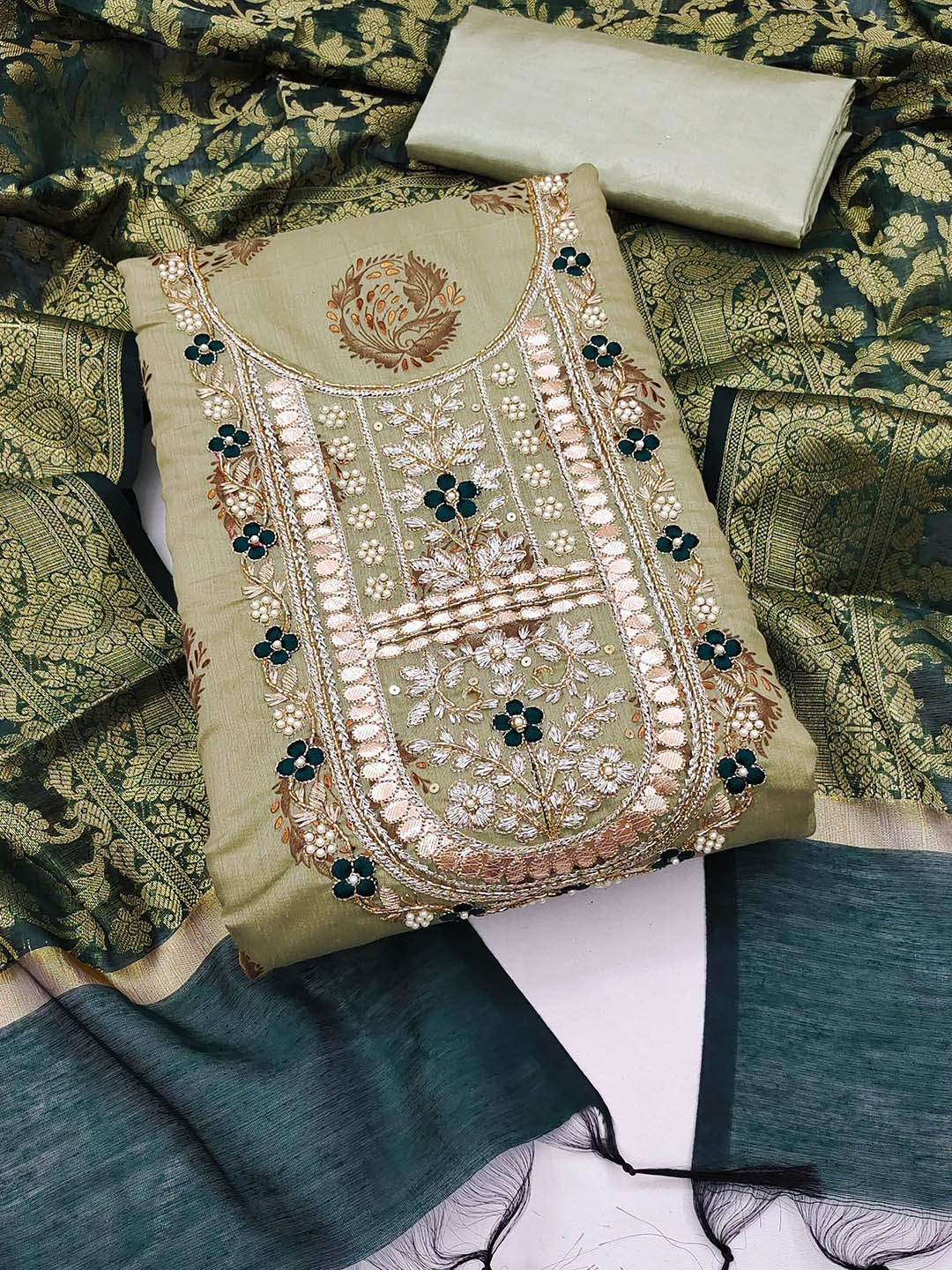 

KIMISHA Embellished Unstitched Dress Material, Green