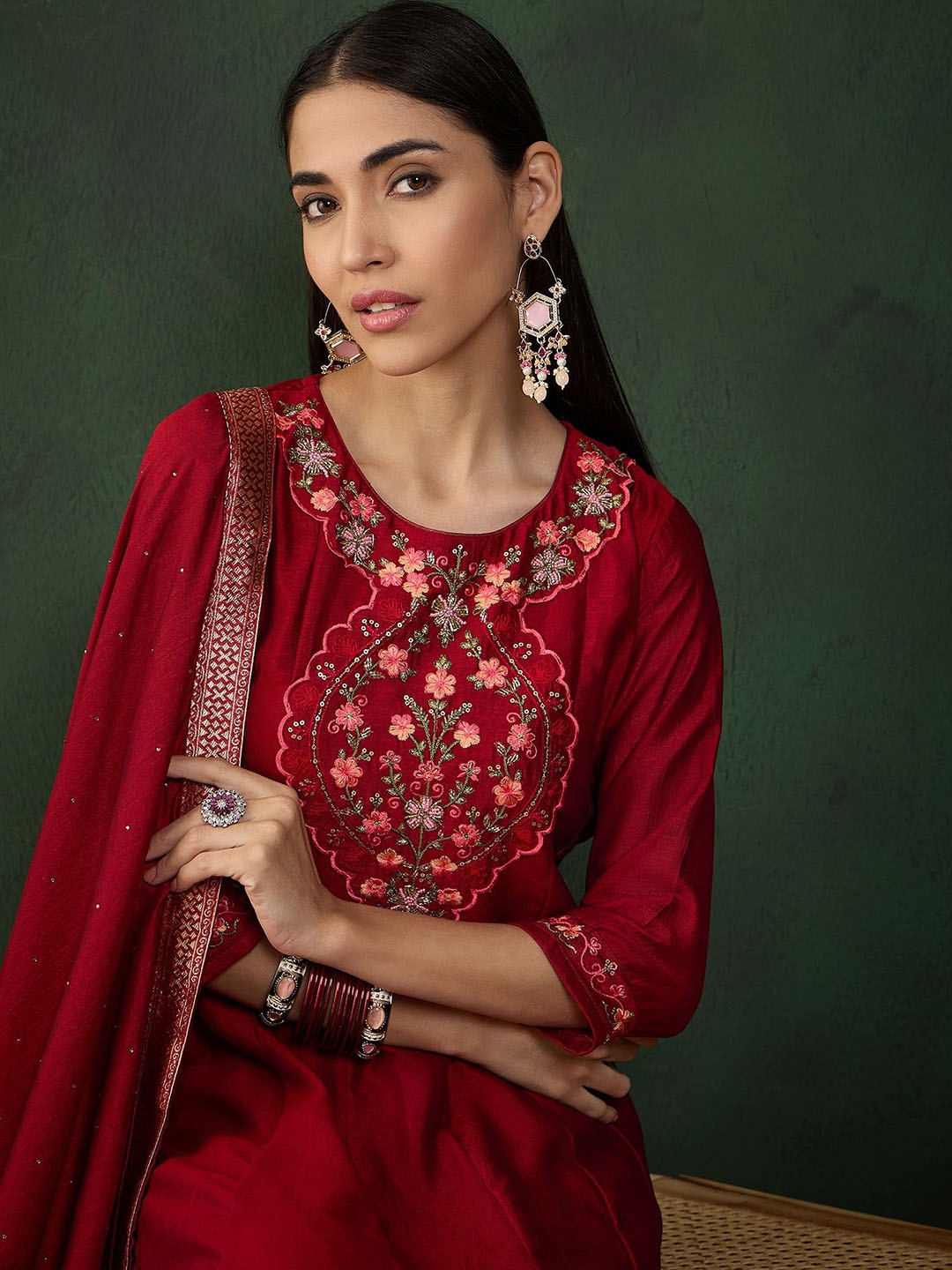 

Sangria Red & Pink Floral Embroidered Round Neck Anarkali Kurta With Trouser & Dupatta