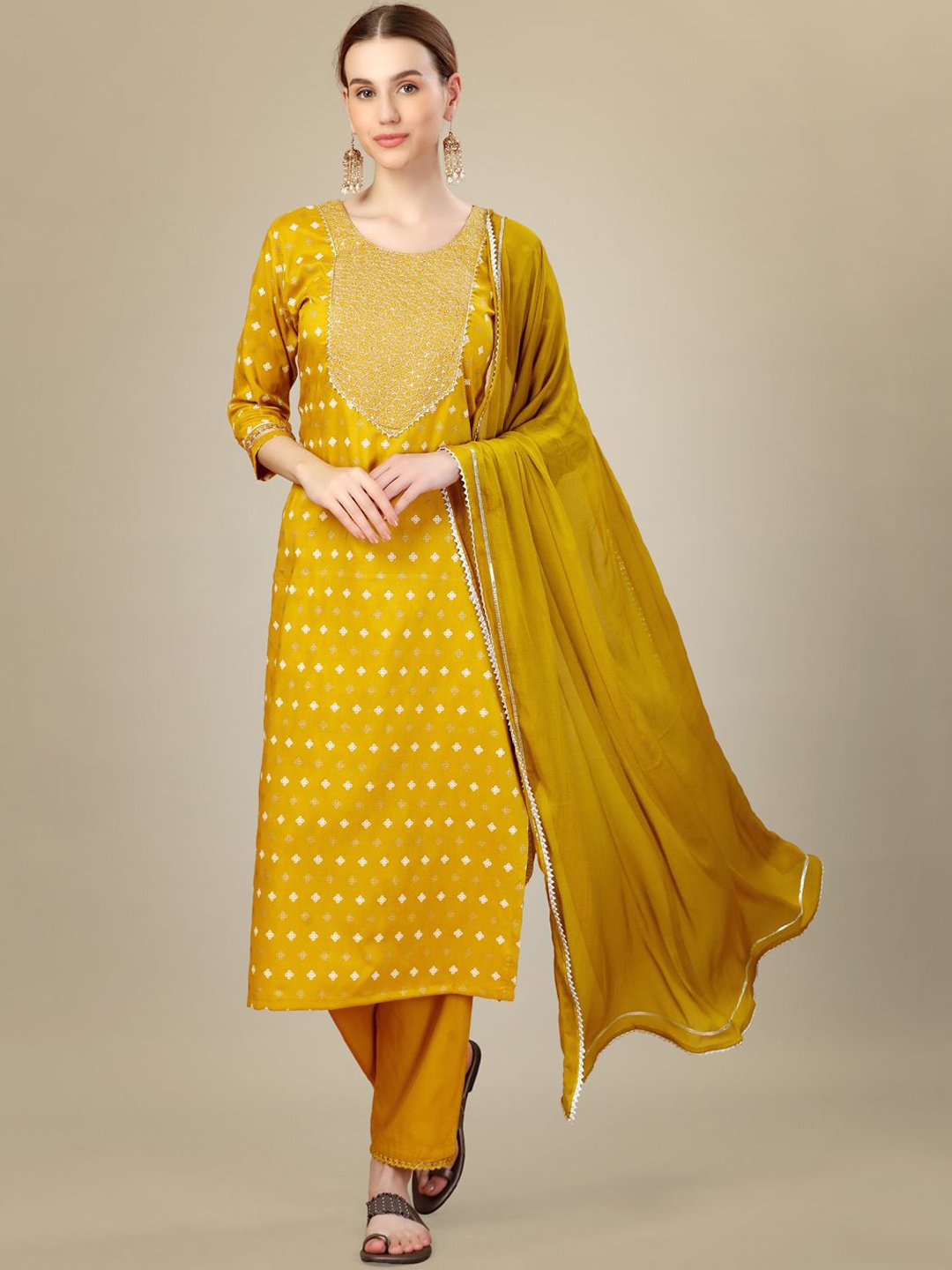

WILNERCROWN Floral Embroidered Round Neck Sequinned Kurta With Trousers & Dupatta, Gold