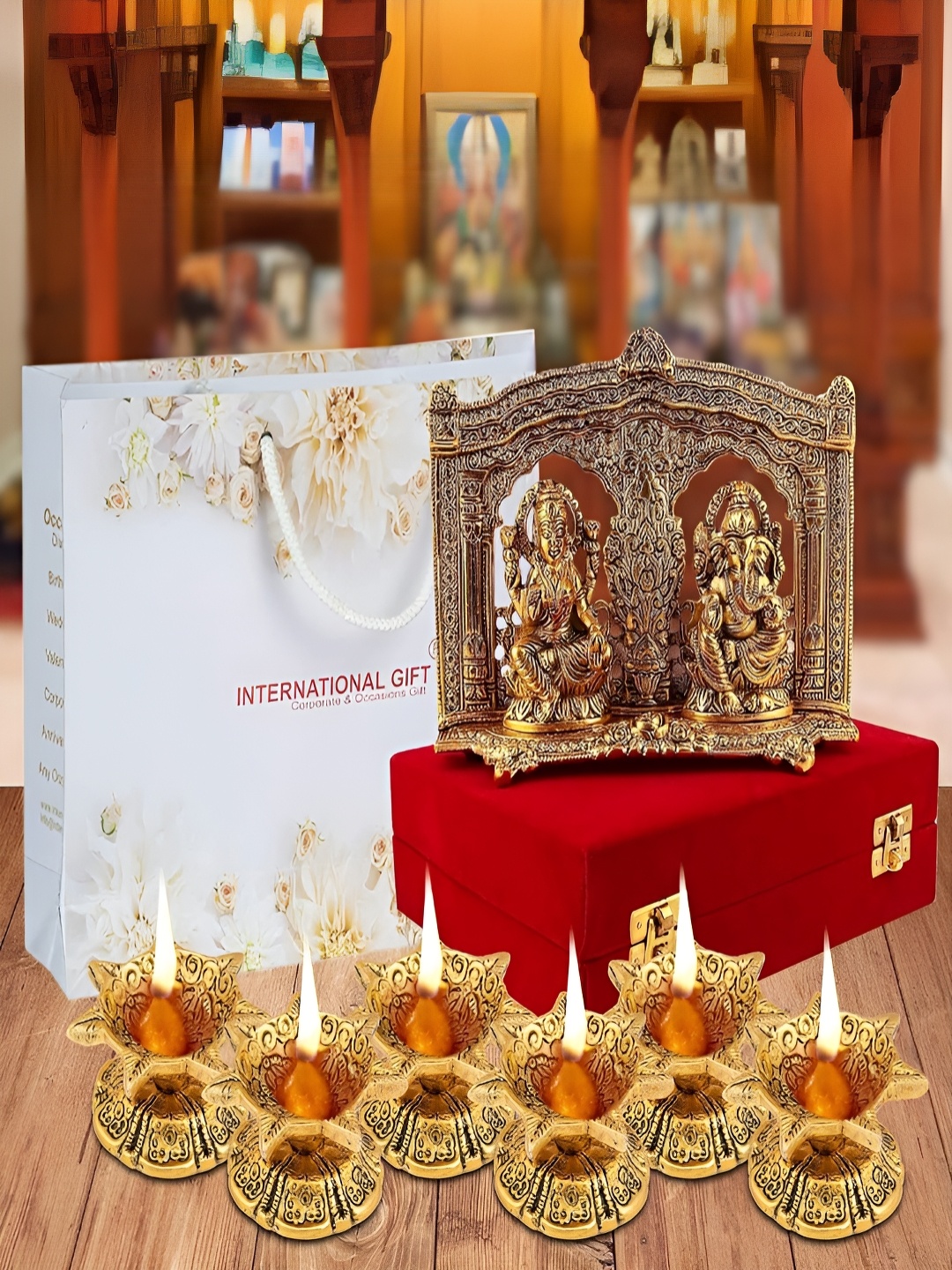 

INTERNATIONAL GIFT 7 Pieces Laxmi Ganesha God Idol Showpiece & Jyot Diyas With Box, Gold