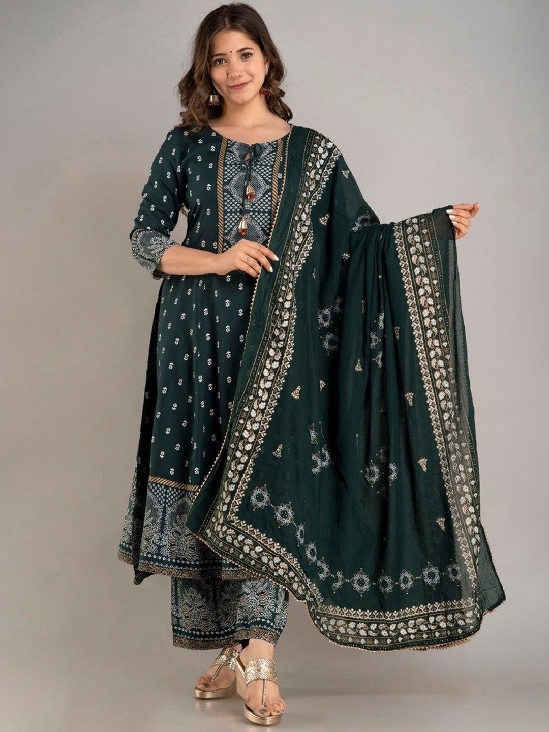 

TOP 2 BOTTOM Floral Printed Tie-Up Neck Anarkali Kurta With Palazzos & Dupatta, Green