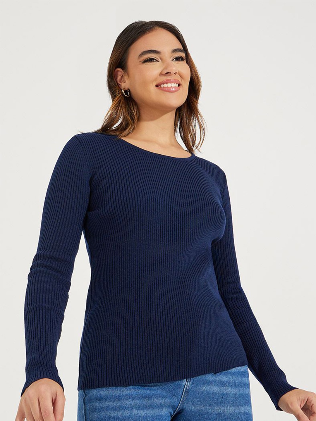 

Styli Ribbed Fitted Regular Length Round Neck Sweater, Navy blue