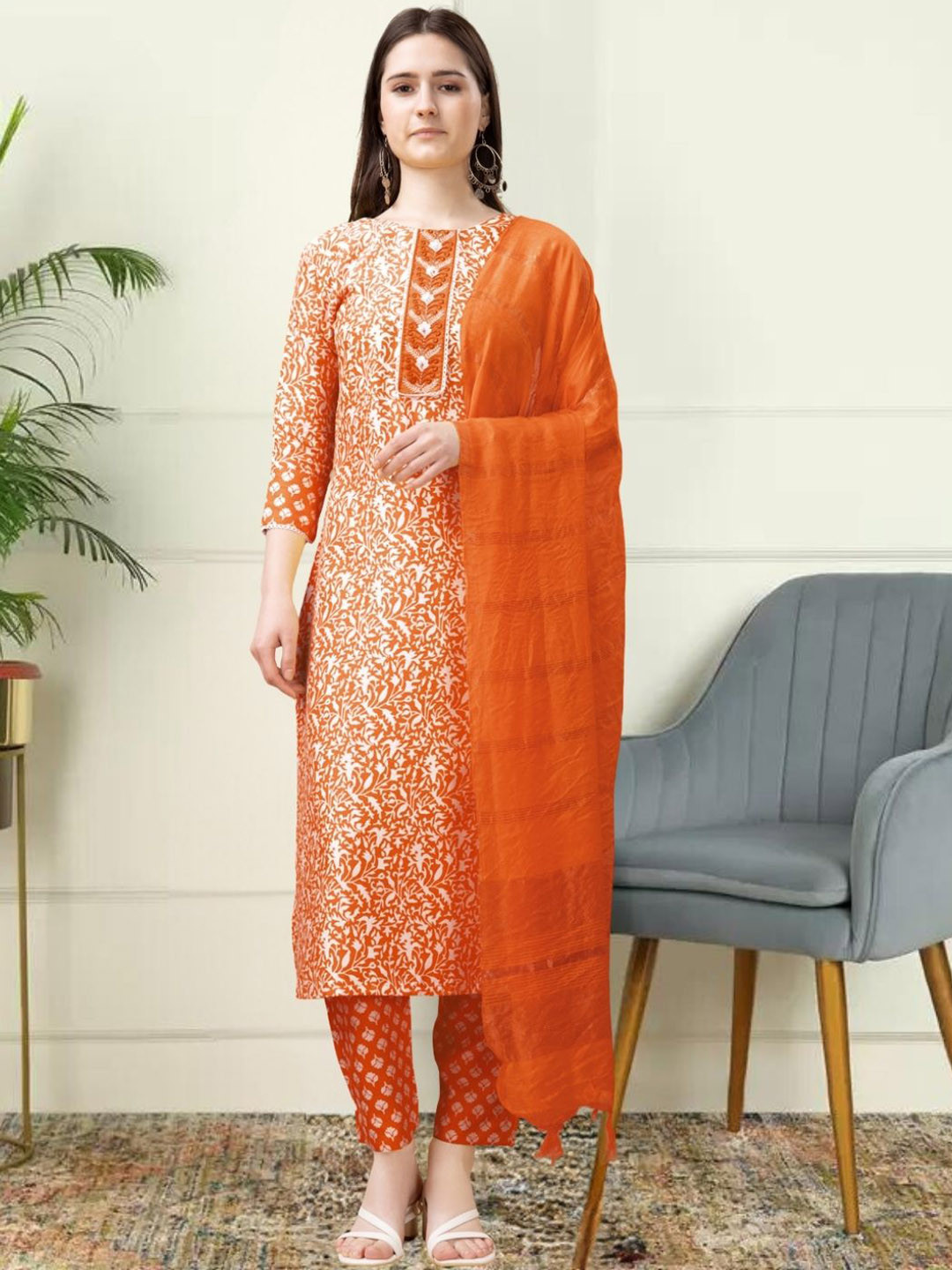 

KAZIA Floral Printed Thread Work Straight Kurta with Trousers & Dupatta, Orange