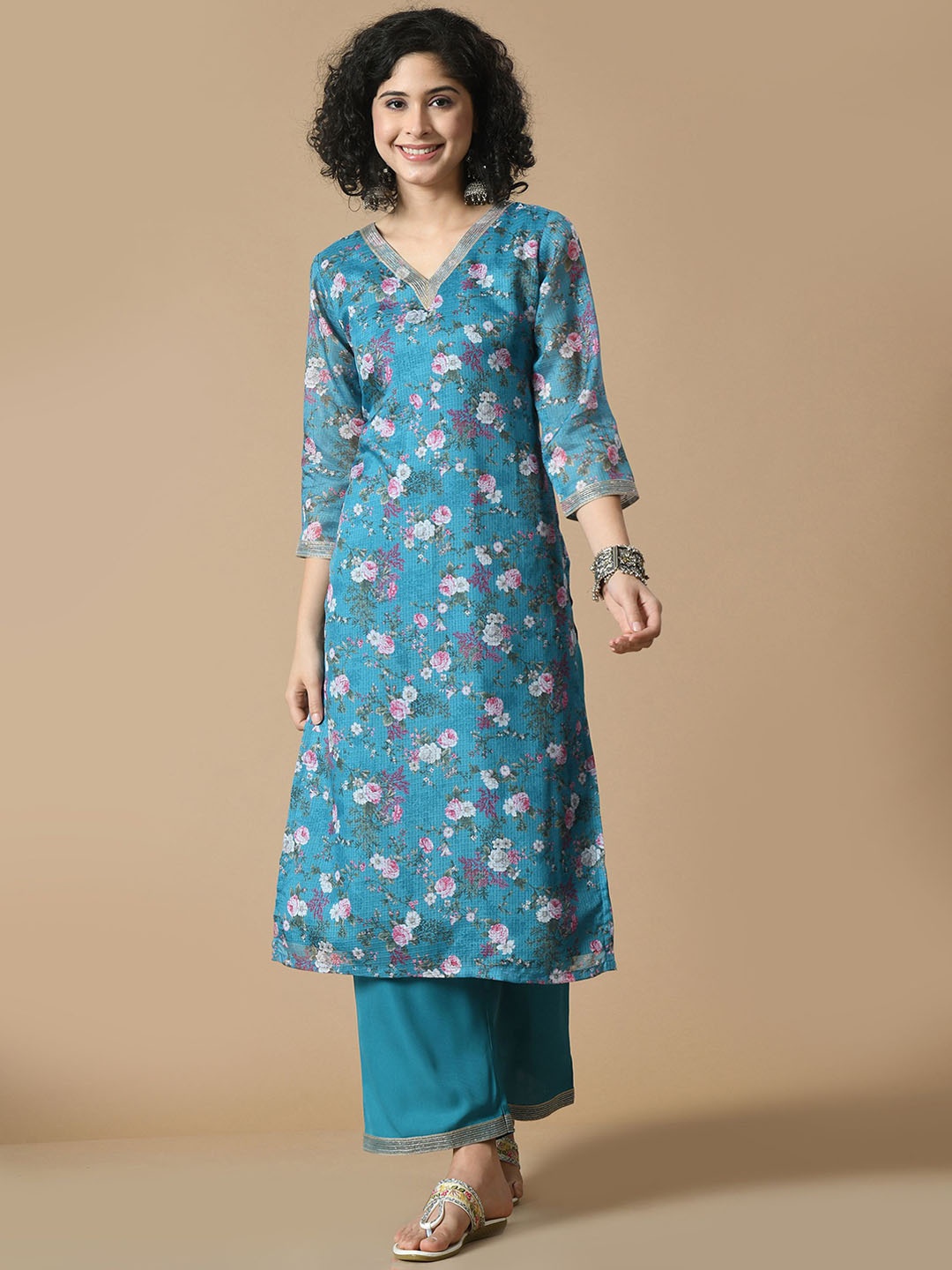 

Sangria Floral Printed V Neck Straight Kurta With Palazzo, Blue