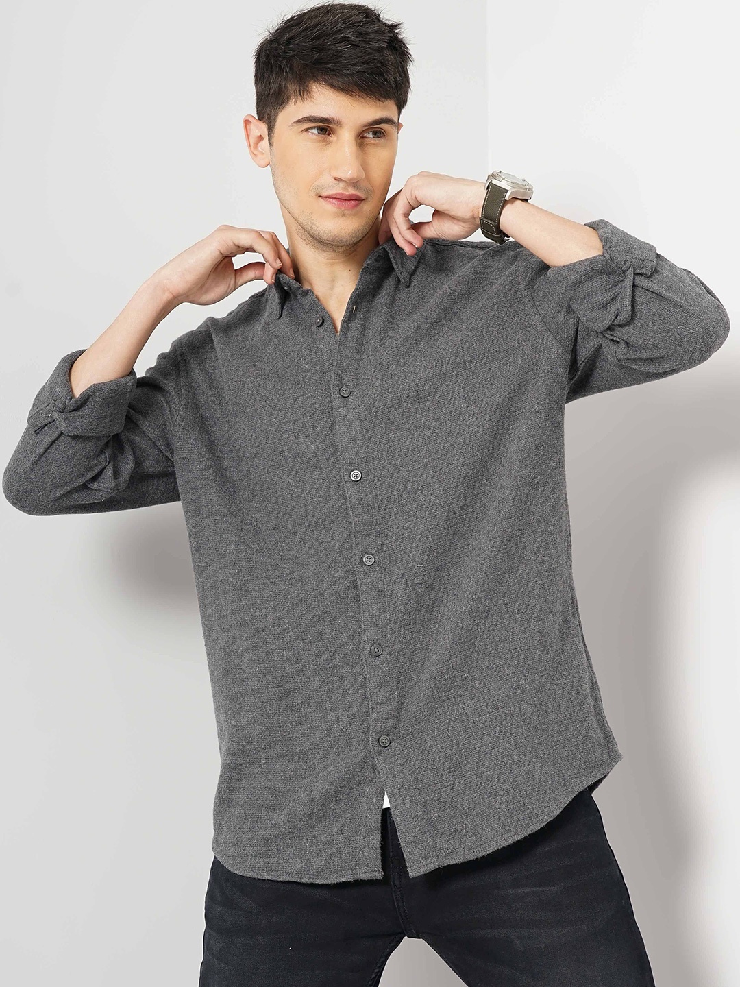 

Celio Men Classic Spread Collar Textured Solid Cotton Casual Shirt, Grey