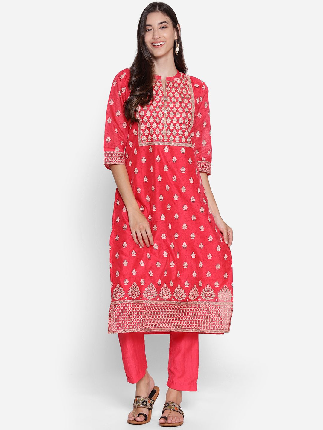 

Shree Ethnic Motifs Printed Mandarin Collar Chanderi Silk Kurta With Trousers, Coral