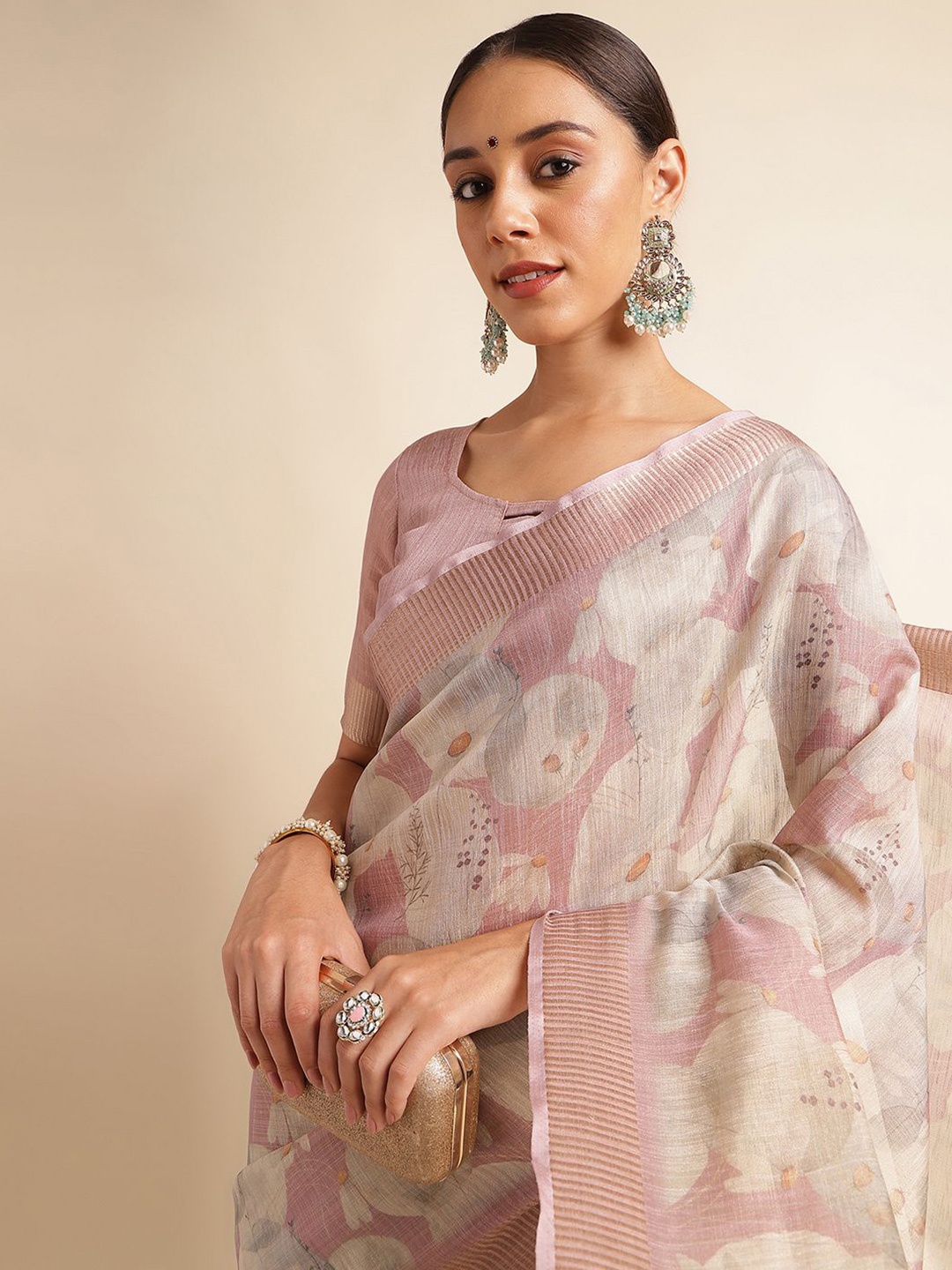 

DOI MOI Geometric Printed rganza Banarasi Saree, Pink