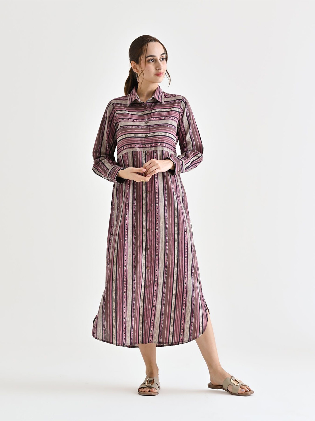 

Rustorange Women Striped Cotton Shirt Collar Shirt Midi Dress, Mauve