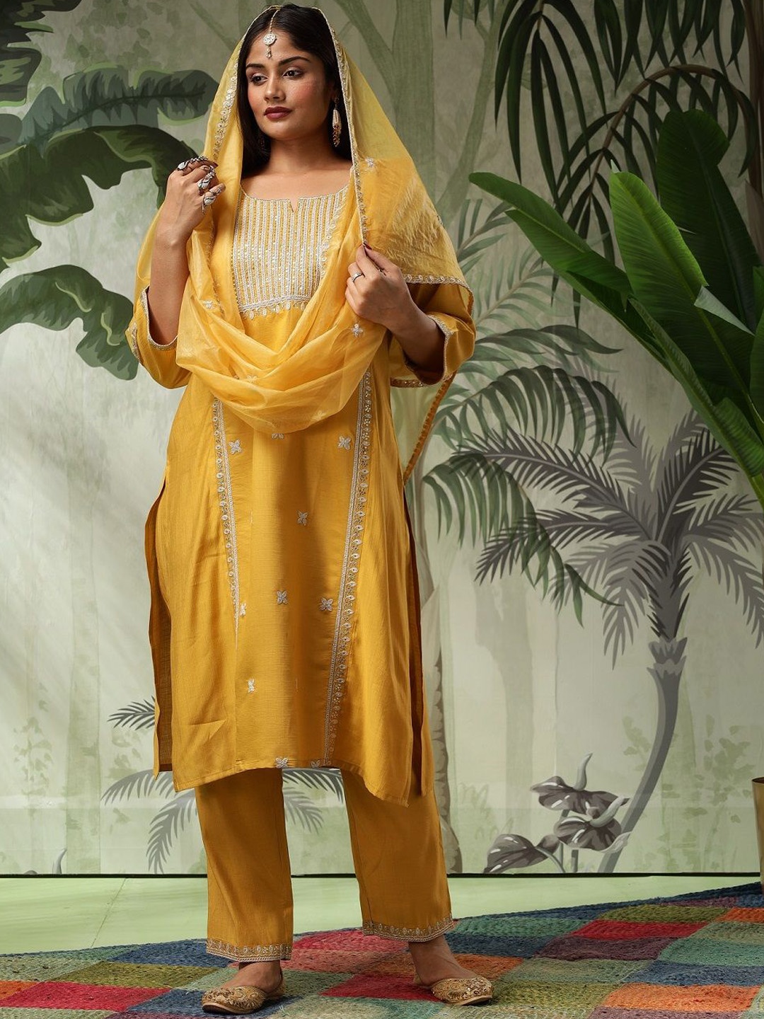 

Bani Women Plus Size Ethnic Motifs Embroidered Thread Work Kurta with Trousers & Dupatta, Yellow