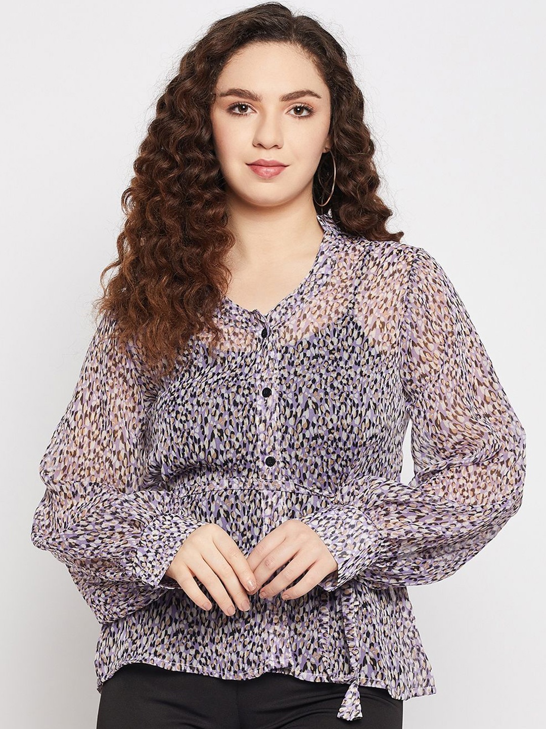 

Murcia Women Animal Printed Mandarin Collar Top, Purple