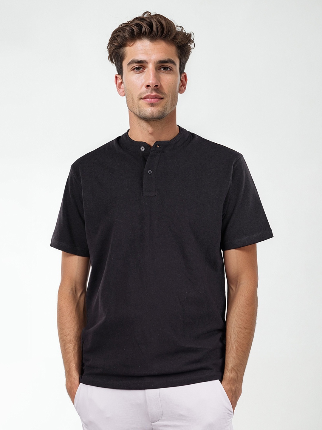 

Celio Men Solid Henley Neck Cotton T-shirt, Black