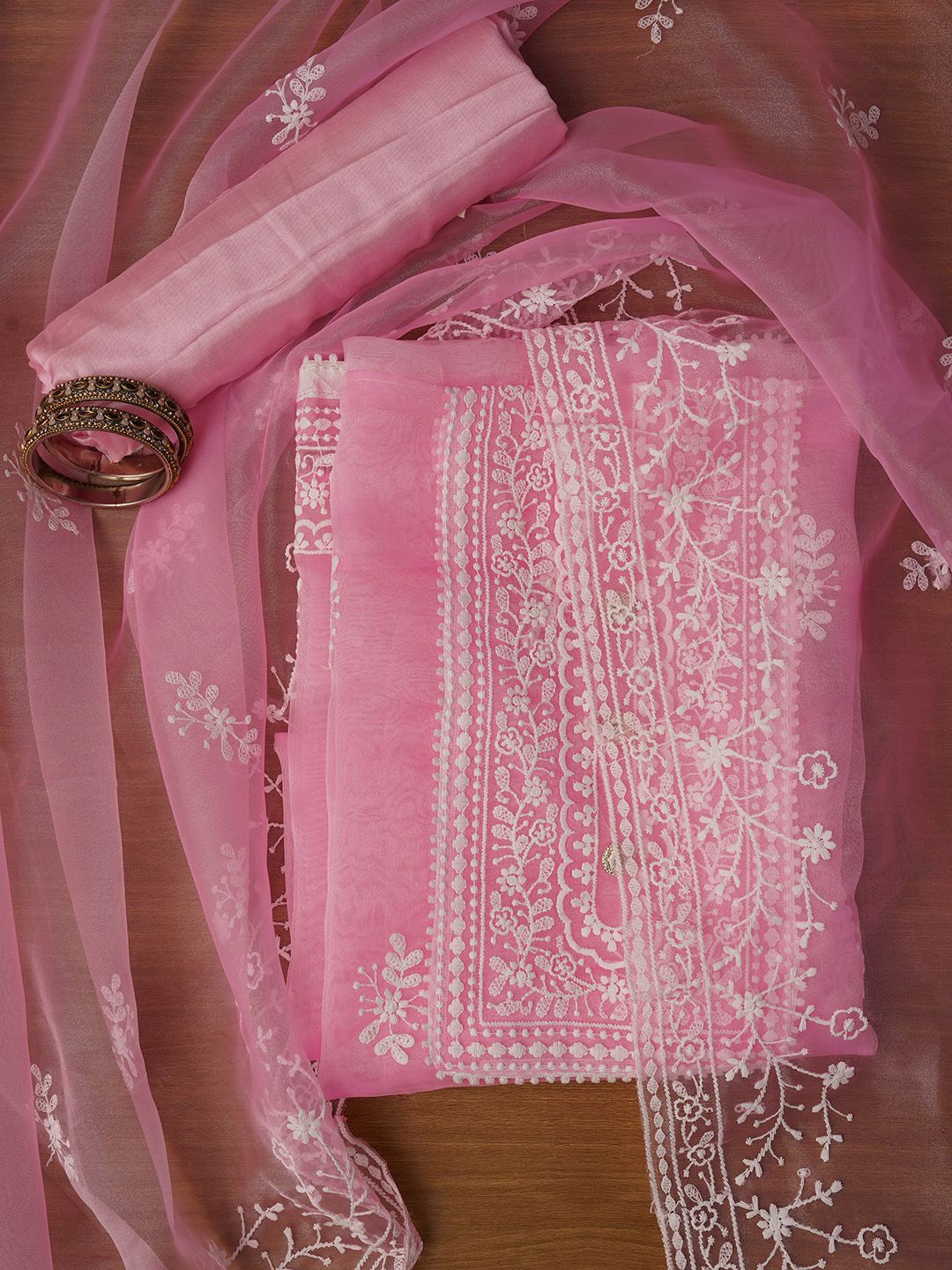 

Jaipur Kurti Unstitched Embroidered Organza Dress Material With Dupatta, Pink