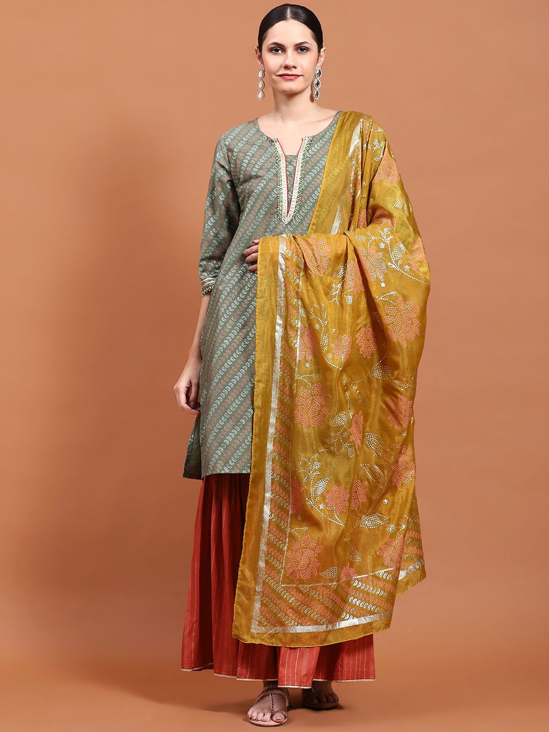 

Shree Floral Printed Notch Neck Gotta Patti Kurta With Sharara & Dupatta, Green