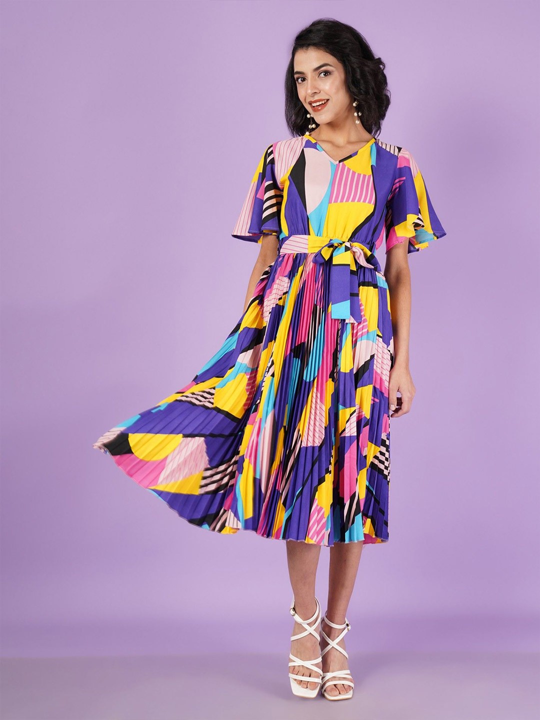 

Femvy Print Bell Sleeve Applique Crepe Fit & Flare Dress, Multi