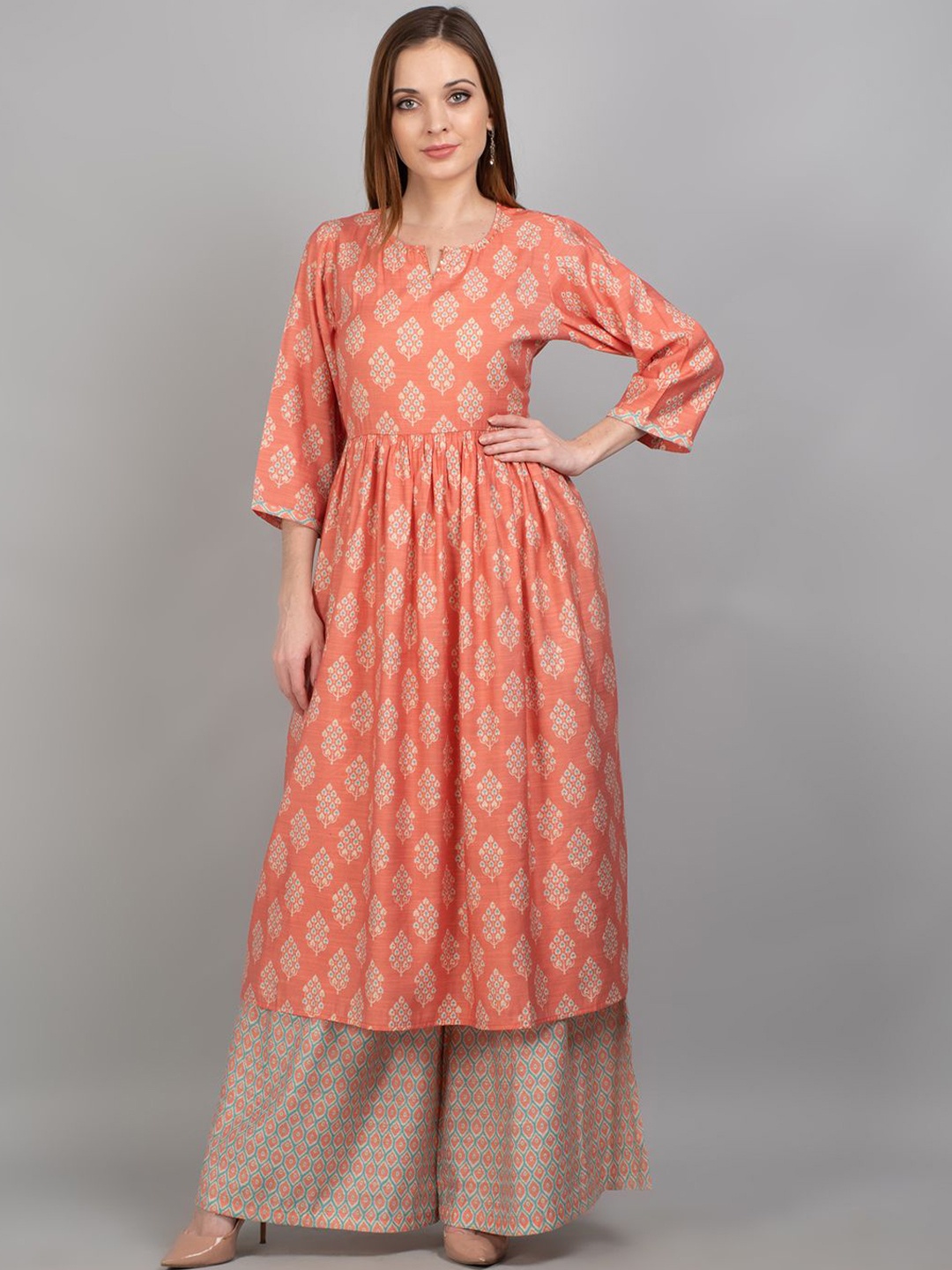 

Shree Floral Printed Empire Liva A-Line Kurta with Palazzos, Pink